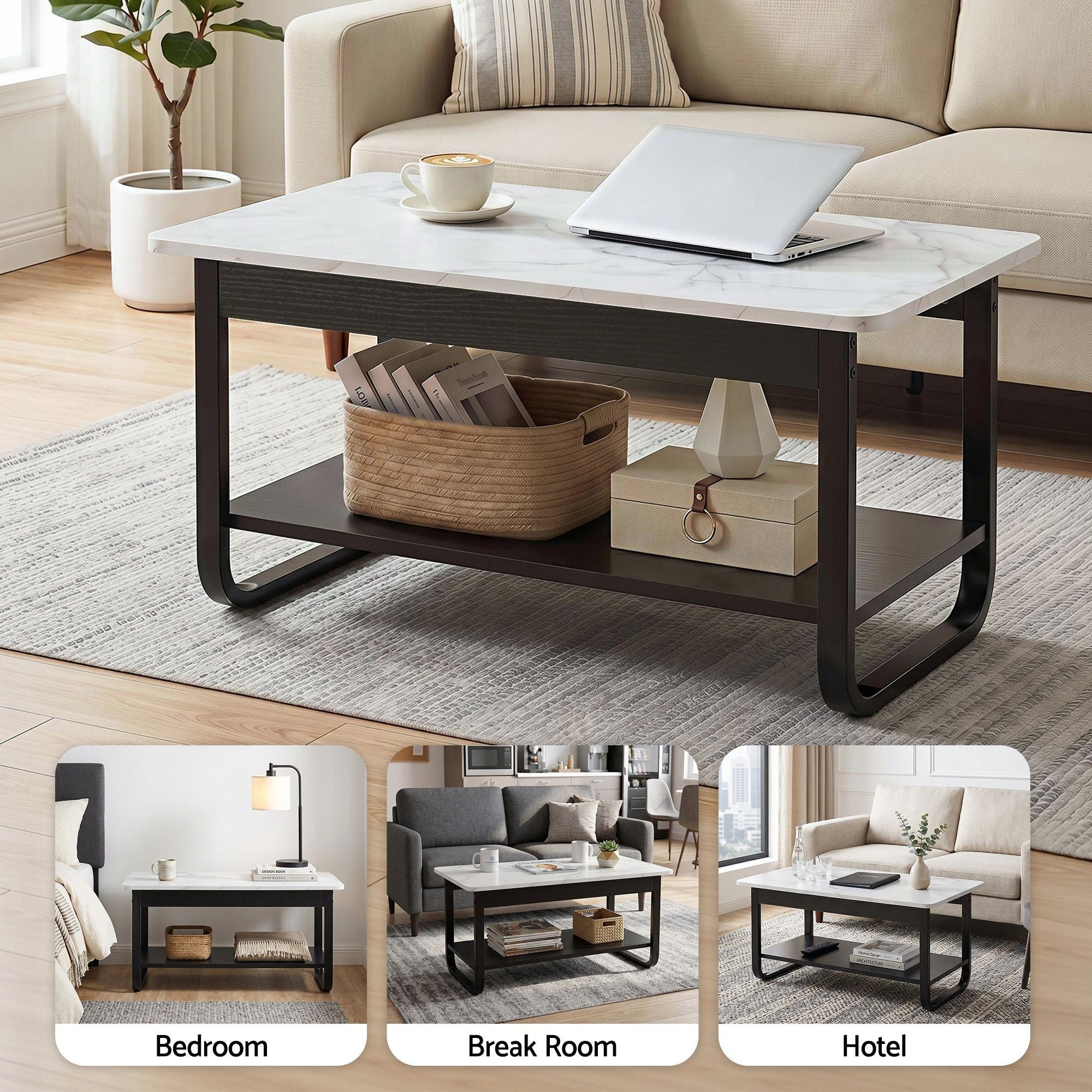 Artiss Coffee Table 2-Tier 80CM Marble Finish Shelf Black&White