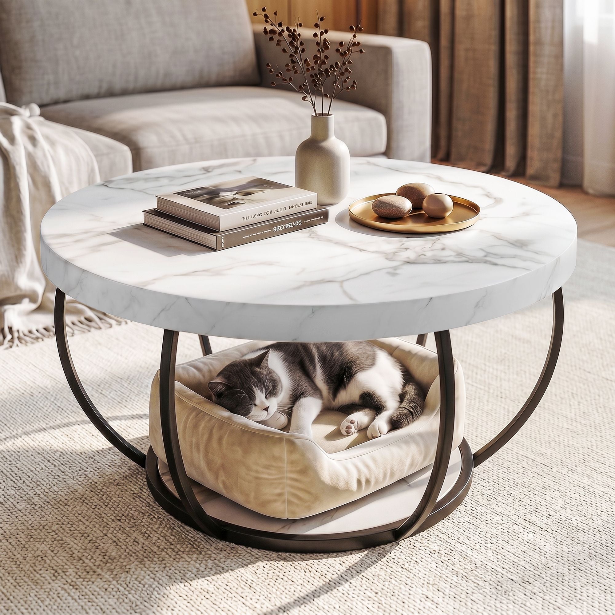 Artiss Coffee Table 2-Tier Marble Finish Round White&Black