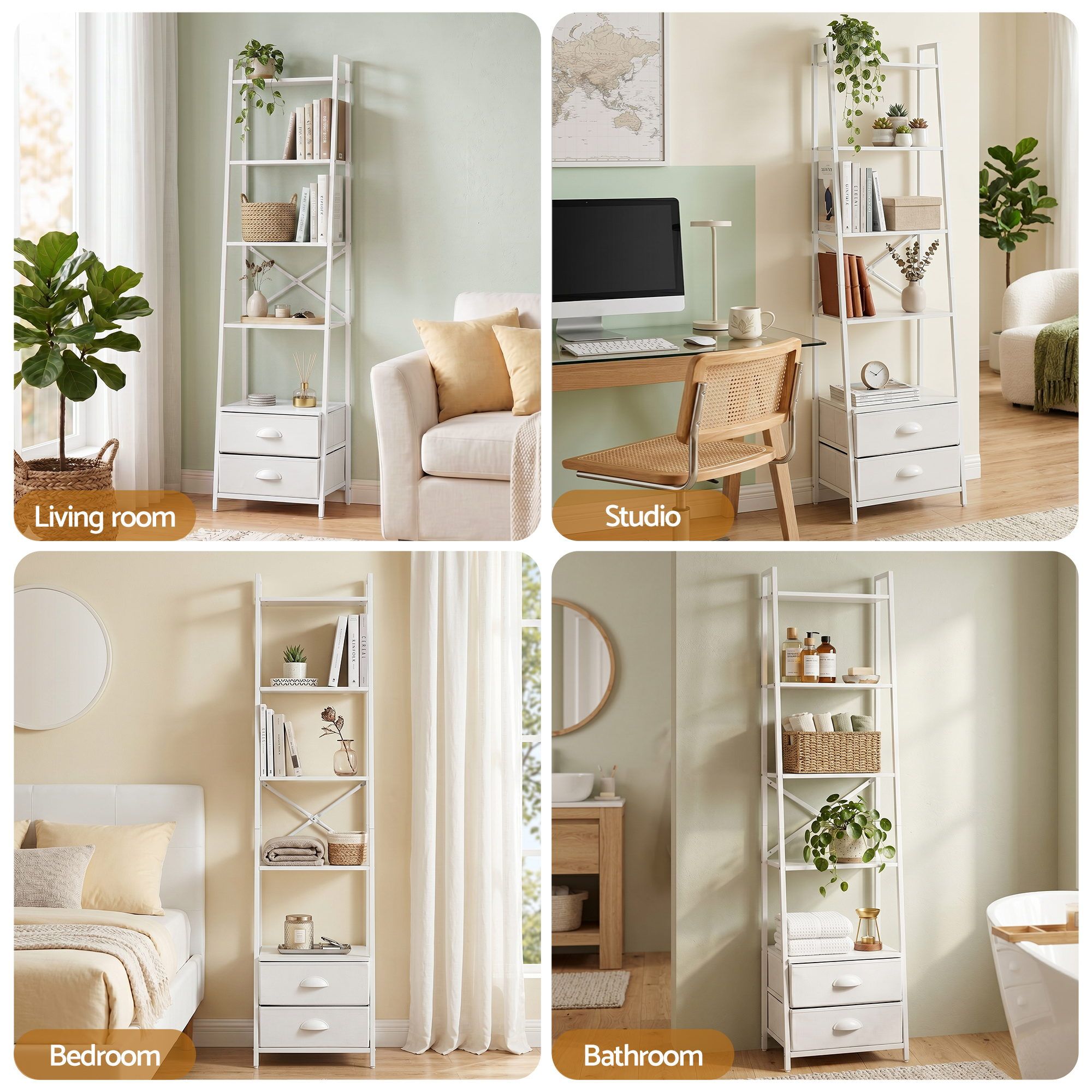 Artiss 5 Tier Bookshelf Ladder Bookcase with Fabric Drawers Display Rack White