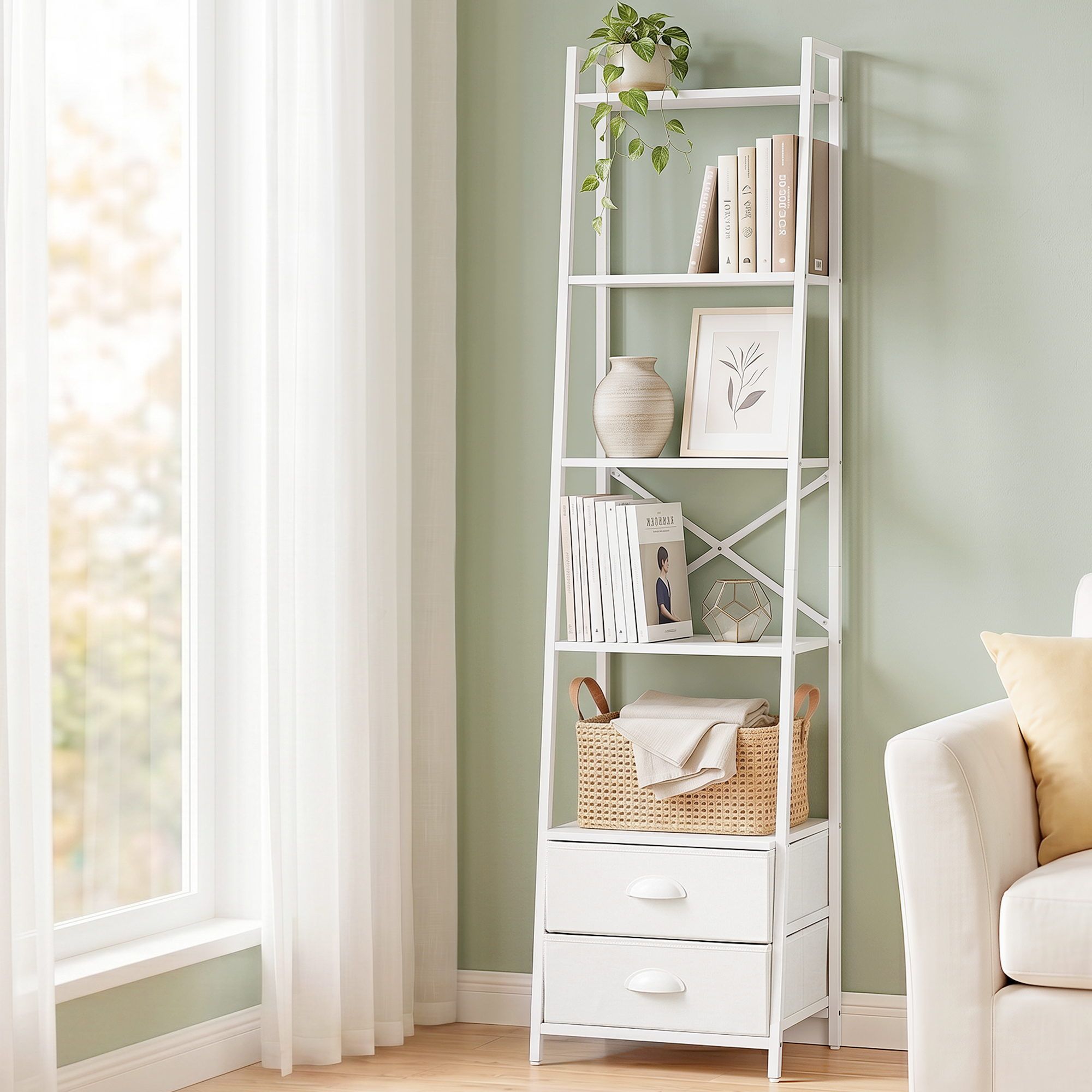 Artiss 5 Tier Bookshelf Ladder Bookcase with Fabric Drawers Display Rack White
