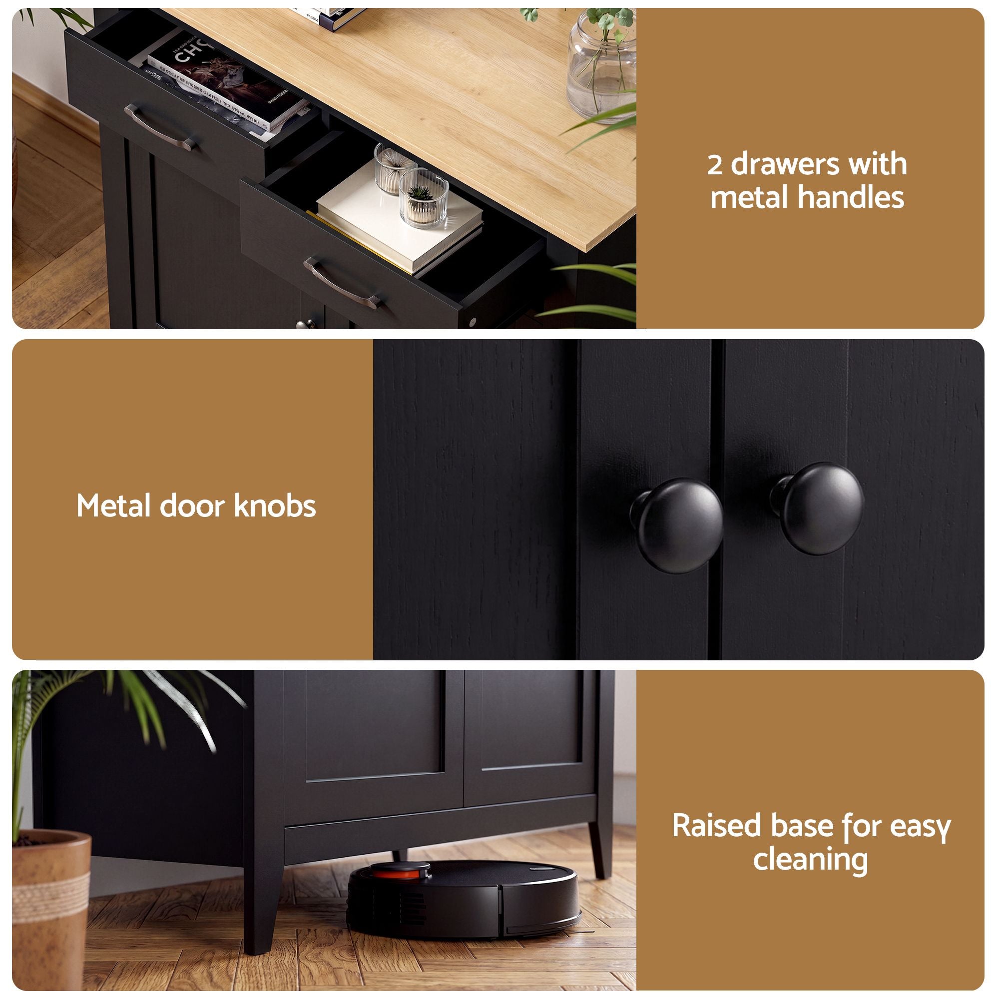 Artiss Buffet Sideboard Cabinet Kitchen Storage Cupboard Pantry 2 Drawers Black