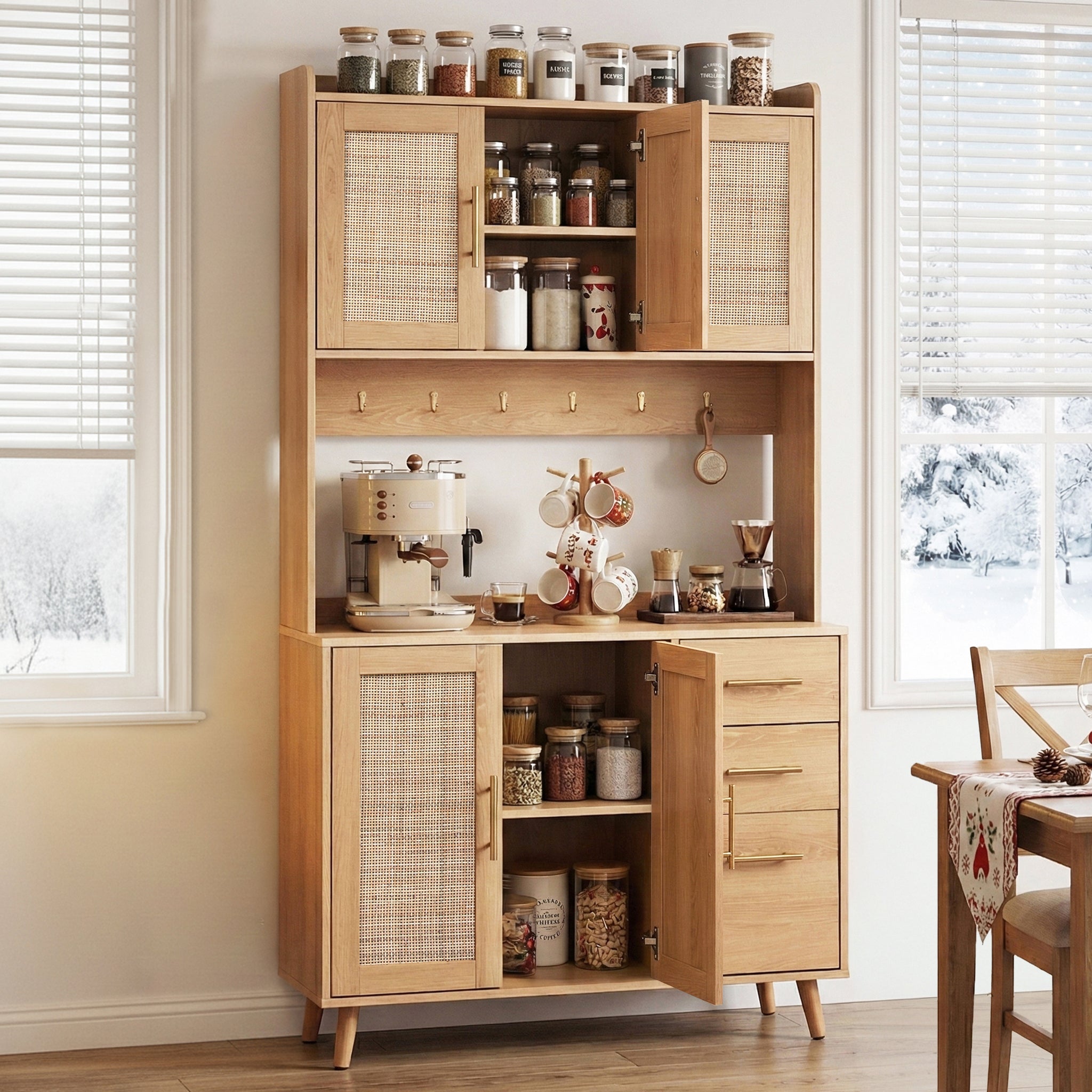 Artiss Buffet Sideboard Hutch Storage Cabinet Kitchen Cupboard Hooks Rattan Pine