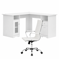 Artiss Office Desk and Chair Set L Shape Computer Desk 150cm with Storage Cabinet & Drawers, Ergonomic PU Leather Office Chair, White Home Office Furniture