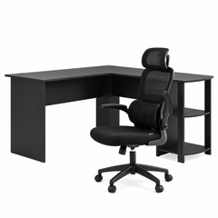 Artiss Office Desk and Chair Set L Shaped Computer Desk 136cm with 2 Tier Storage Shelves, Ergonomic Mesh Office Chair with Adjustable Headrest, Flip-Up Armrests & Lumbar Support