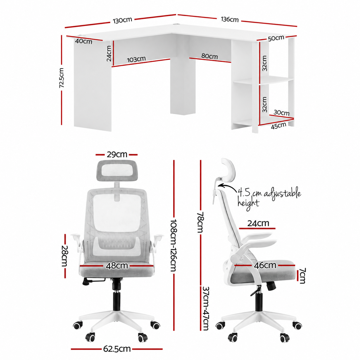 Artiss Home Office Desk and Chair Set, 136cm L Shaped Computer Desk with Shelves