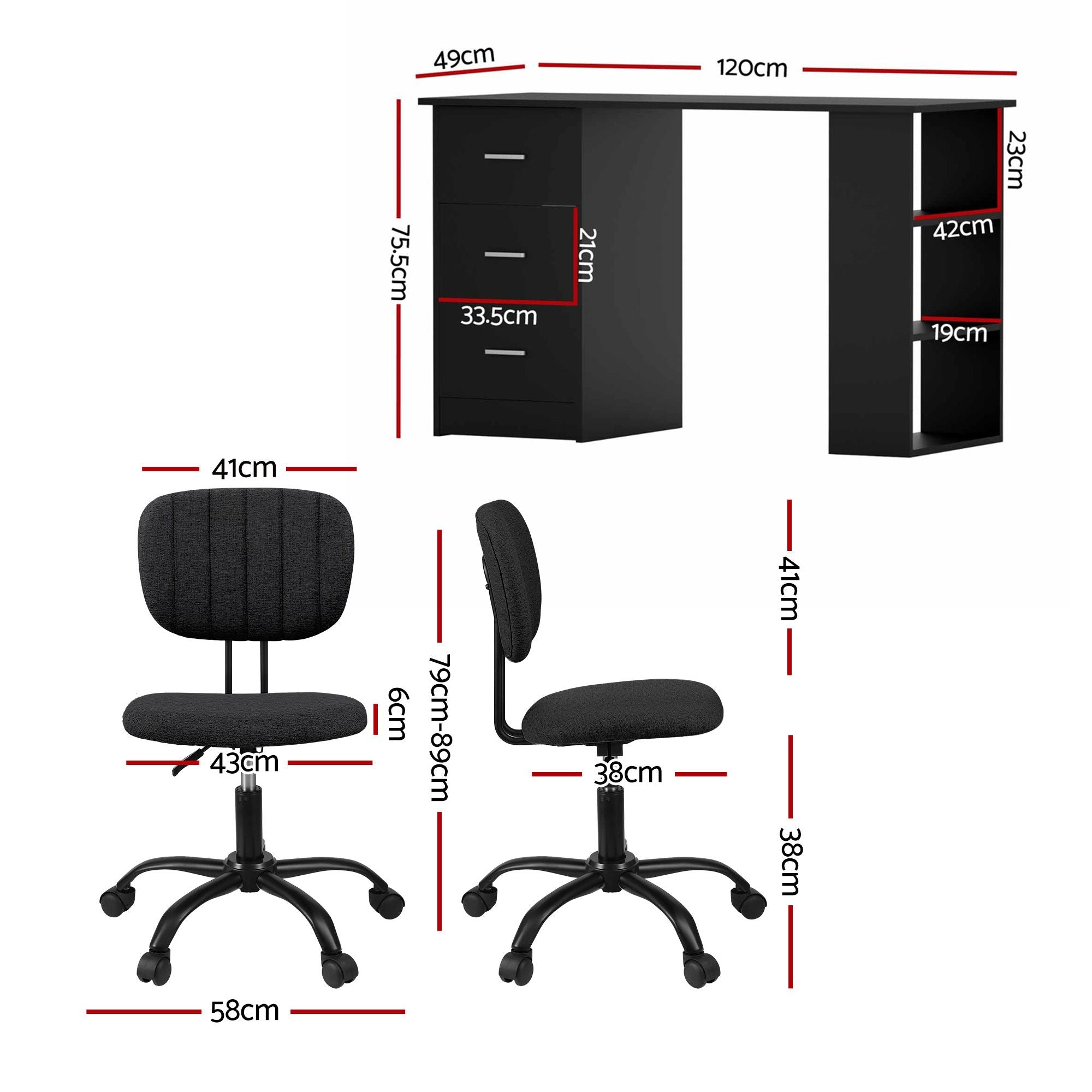 Artiss Office Desk & Chair Set 120cm Computer Desk with 3 Drawers & Open Shelves, Ergonomic Armless Office Chair with Wheels, Height Adjustable for Home Office Study
