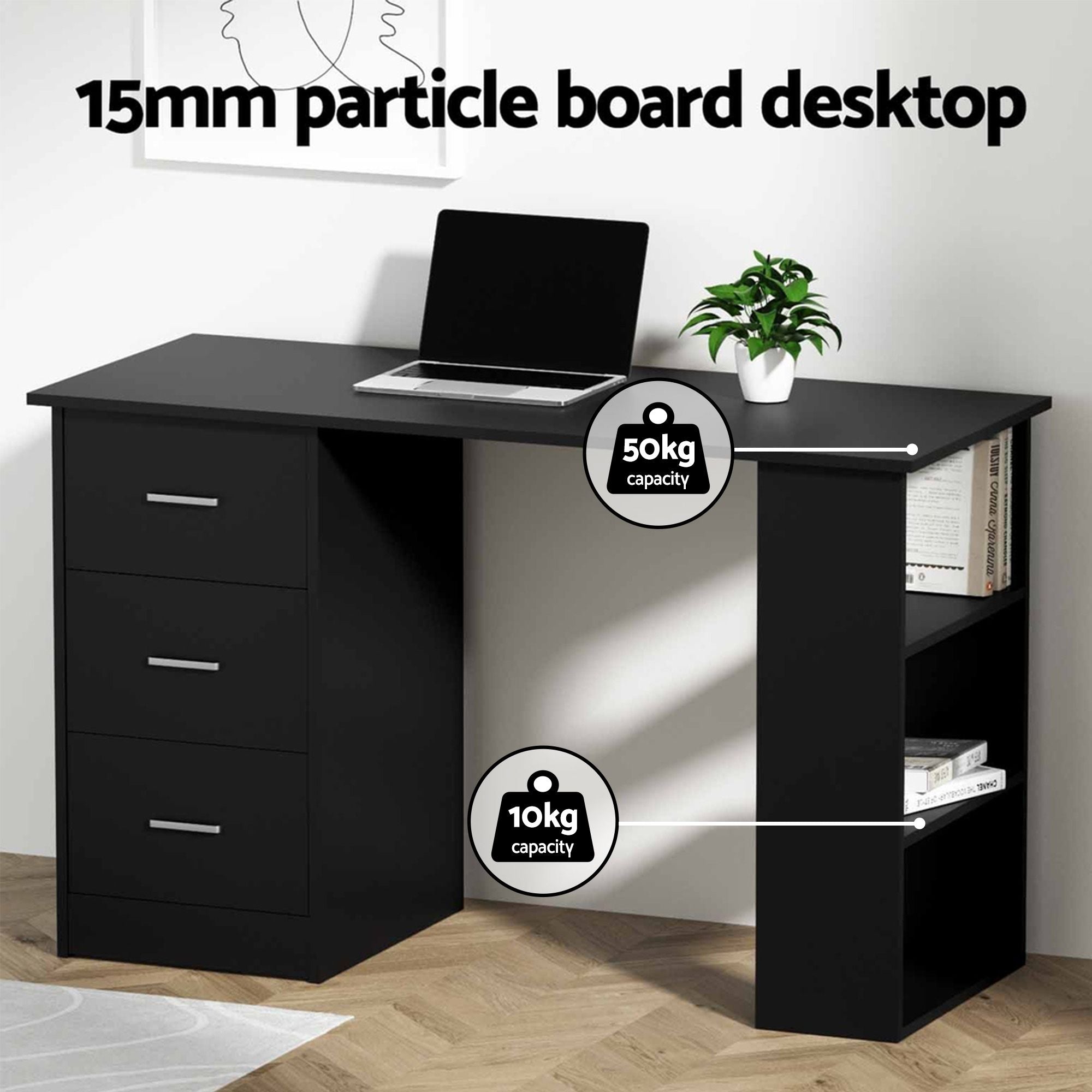 Artiss Office Desk & Chair Set 120cm Computer Desk with 3 Drawers & Open Shelves, Ergonomic Armless Office Chair with Wheels, Height Adjustable for Home Office Study