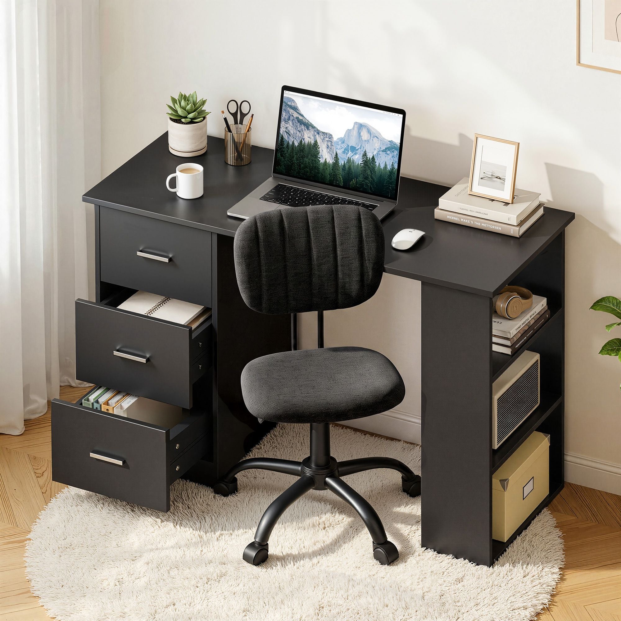 Artiss Office Desk & Chair Set 120cm Computer Desk with 3 Drawers & Open Shelves, Ergonomic Armless Office Chair with Wheels, Height Adjustable for Home Office Study