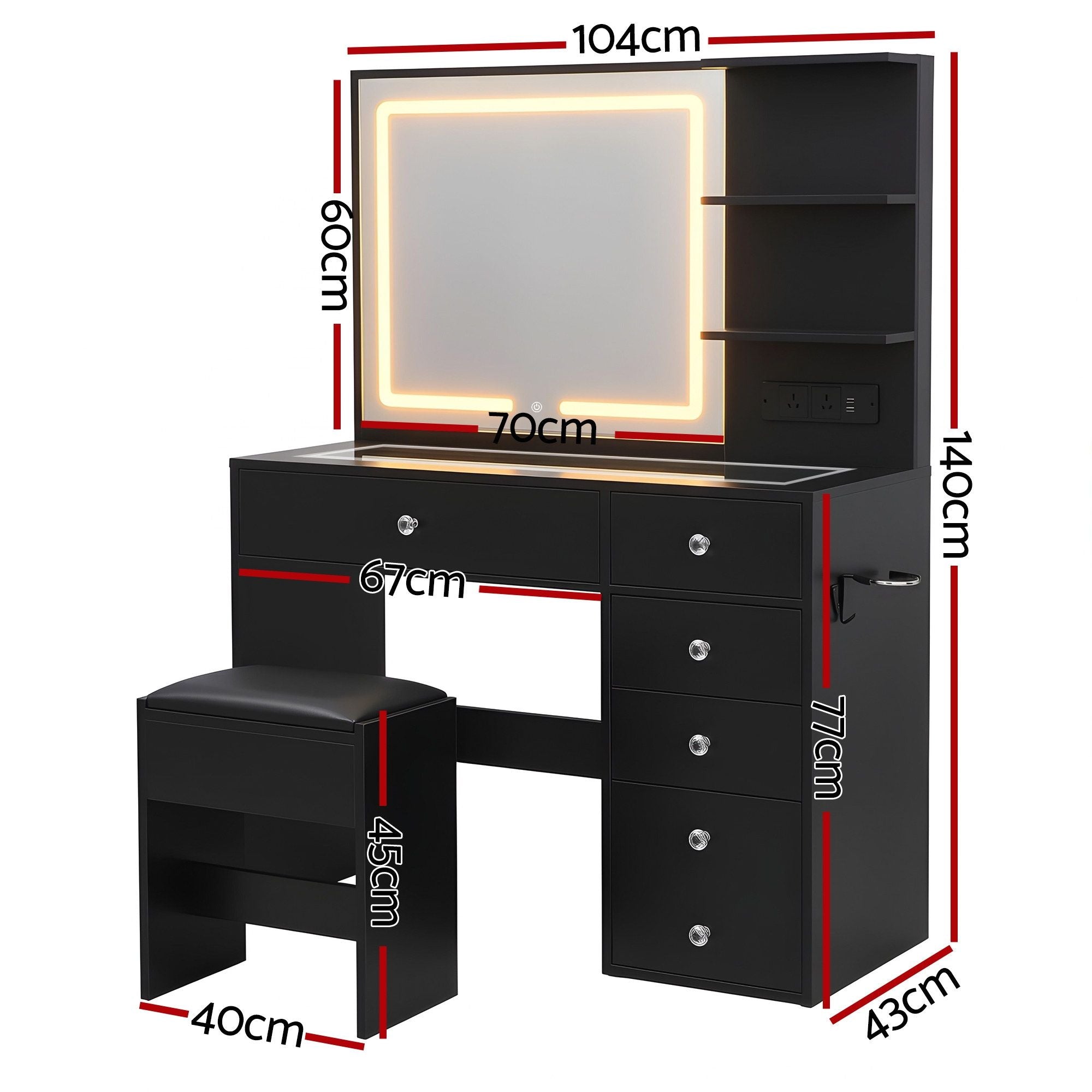 Artiss Dressing Table LED Vanity Desk Set Stool Black