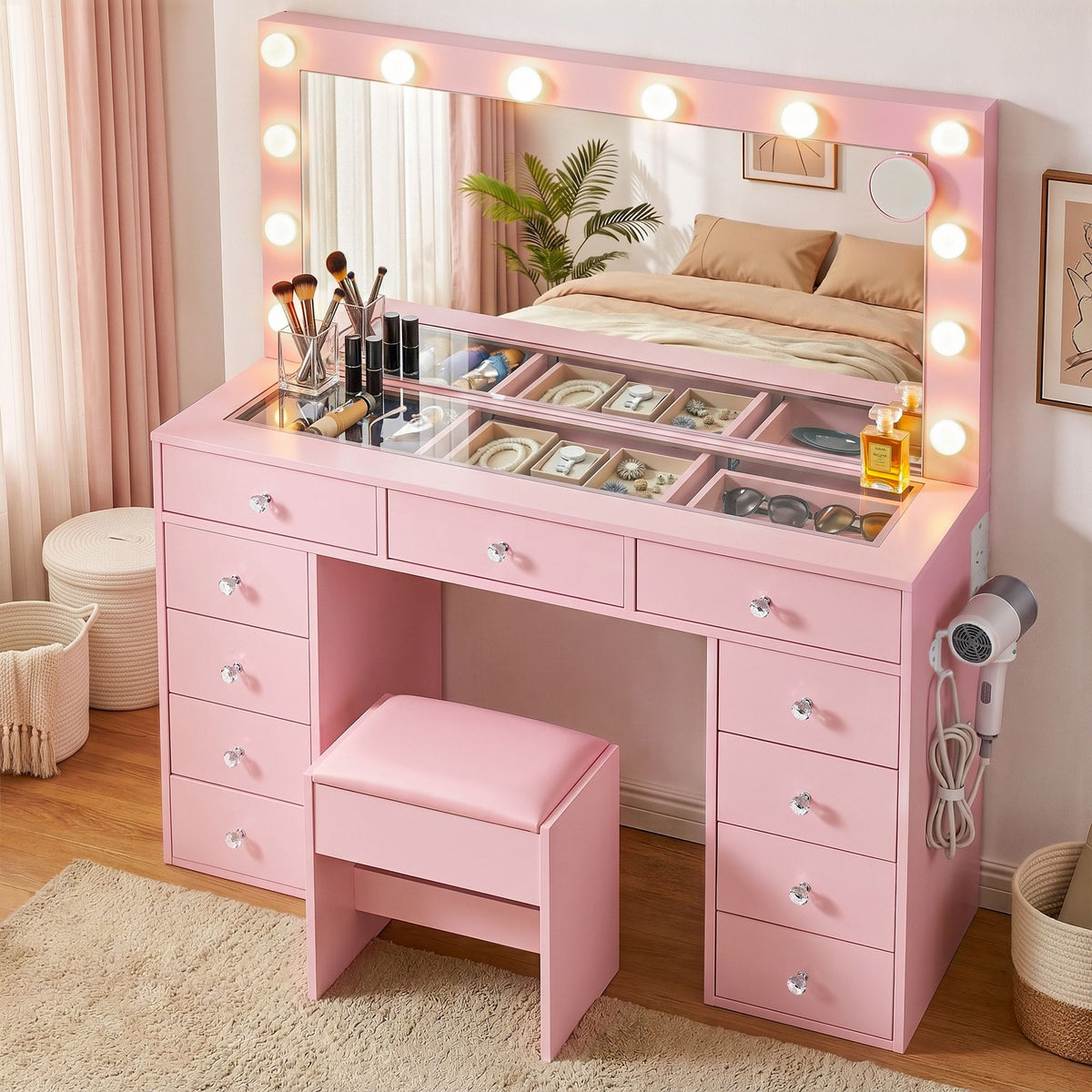 Artiss Dressing Table Charging Station LED Vanity Desk Set Stool Glass Top Make