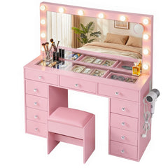 Artiss Dressing Table Charging Station LED Vanity Desk Set Stool Glass Top Make