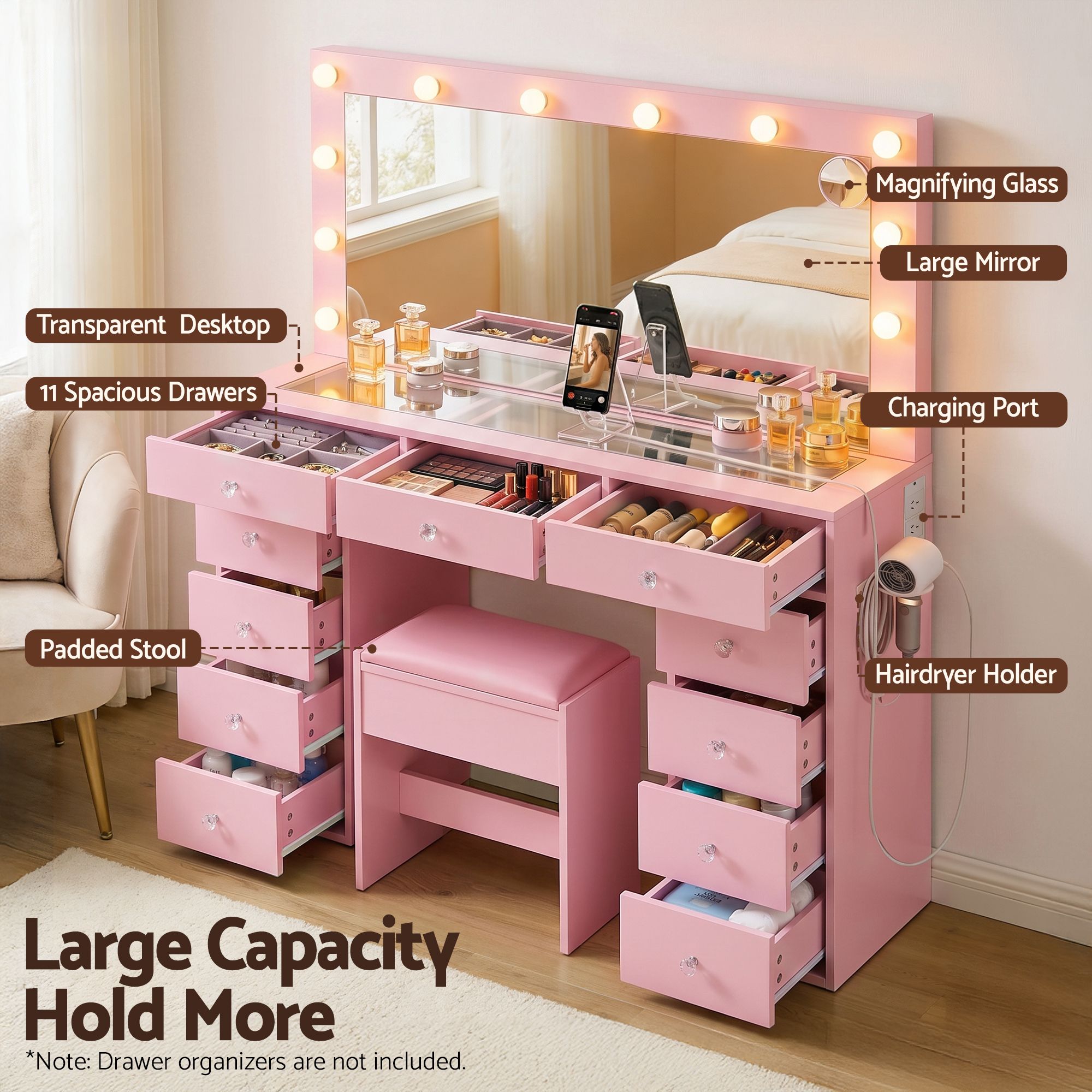 Artiss Dressing Table Charging Station LED Vanity Desk Set Stool Glass Top Make