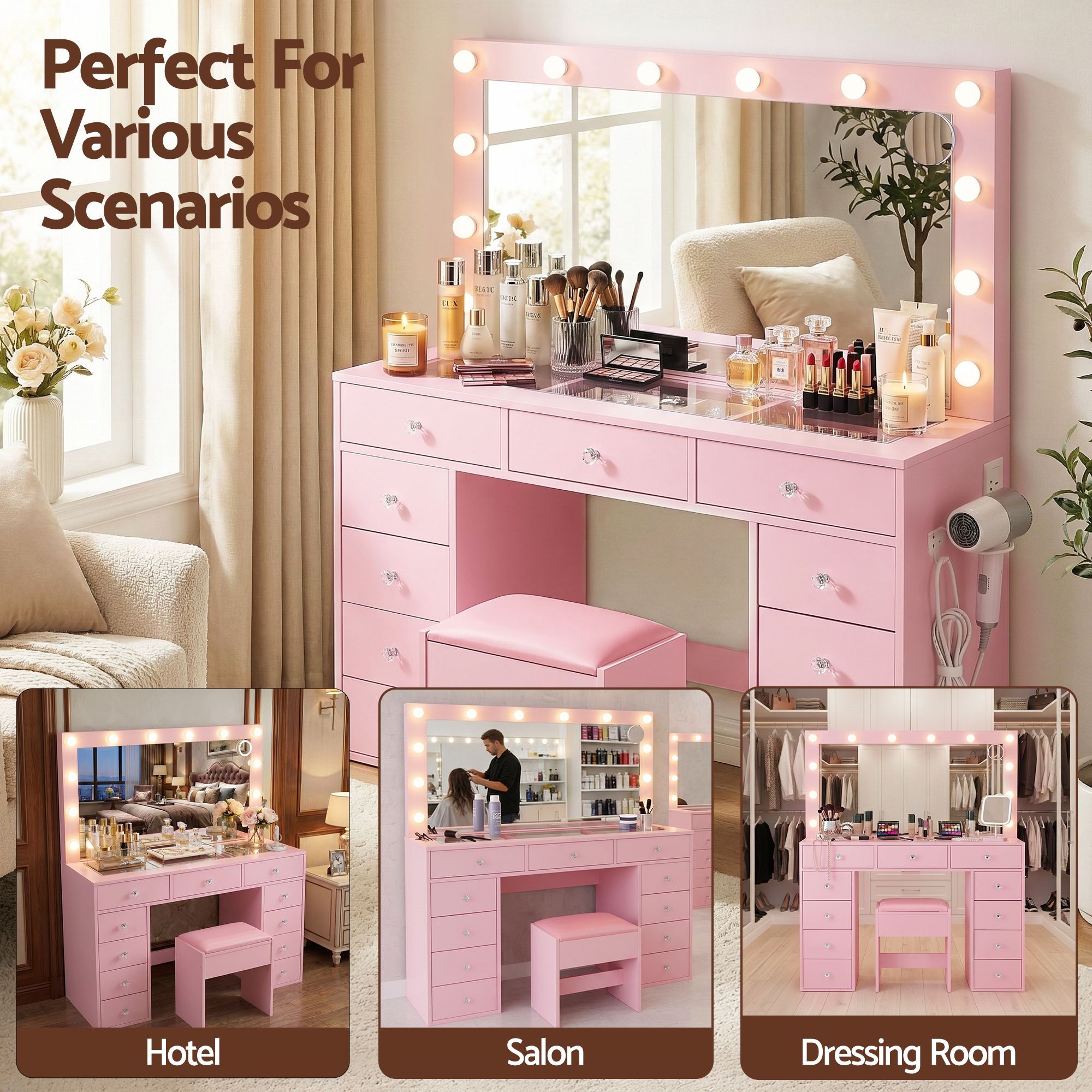 Artiss Dressing Table Charging Station LED Vanity Desk Set Stool Glass Top Make