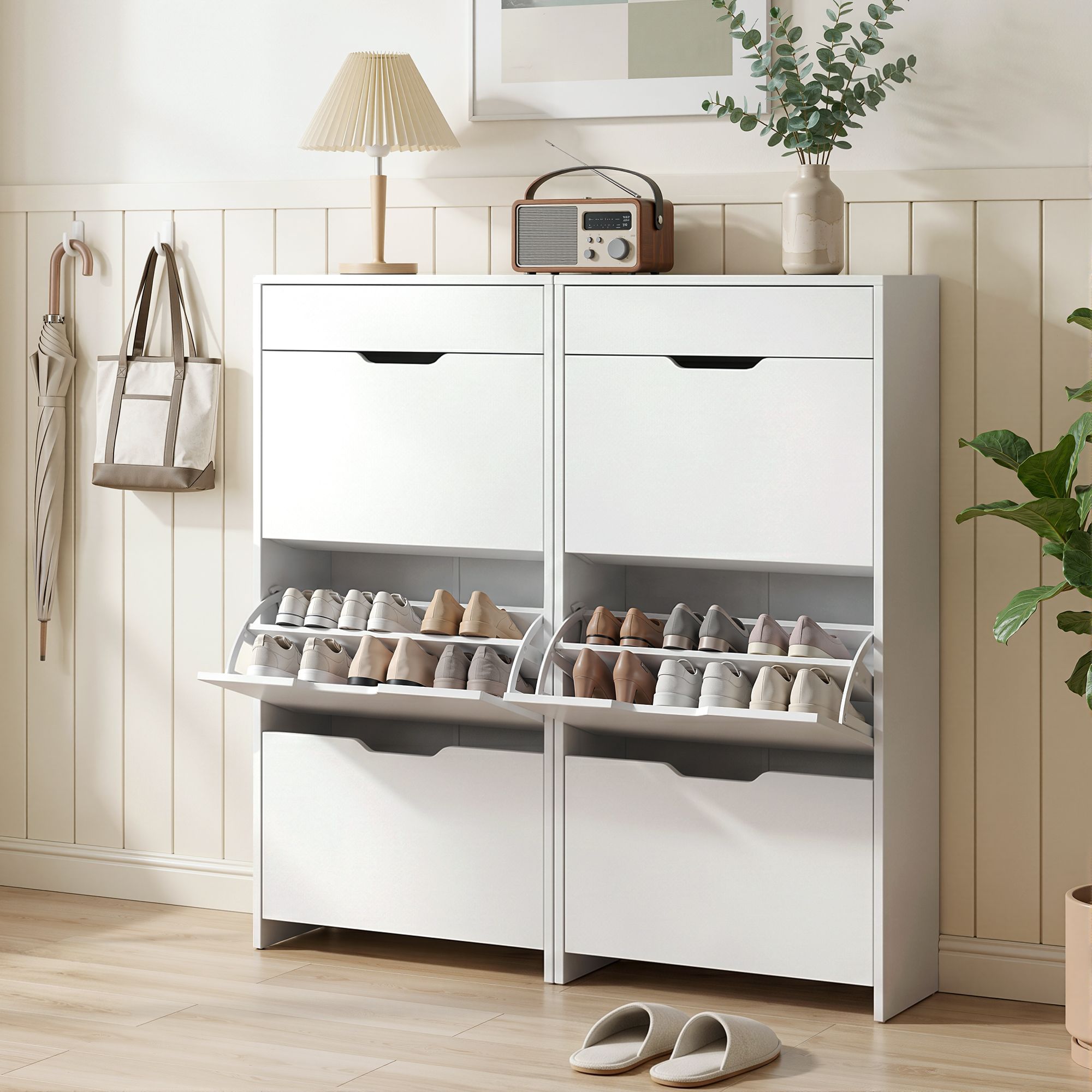 Artiss 2x Shoe Cabinet Organiser 3 Flip Drawer High Gloss White