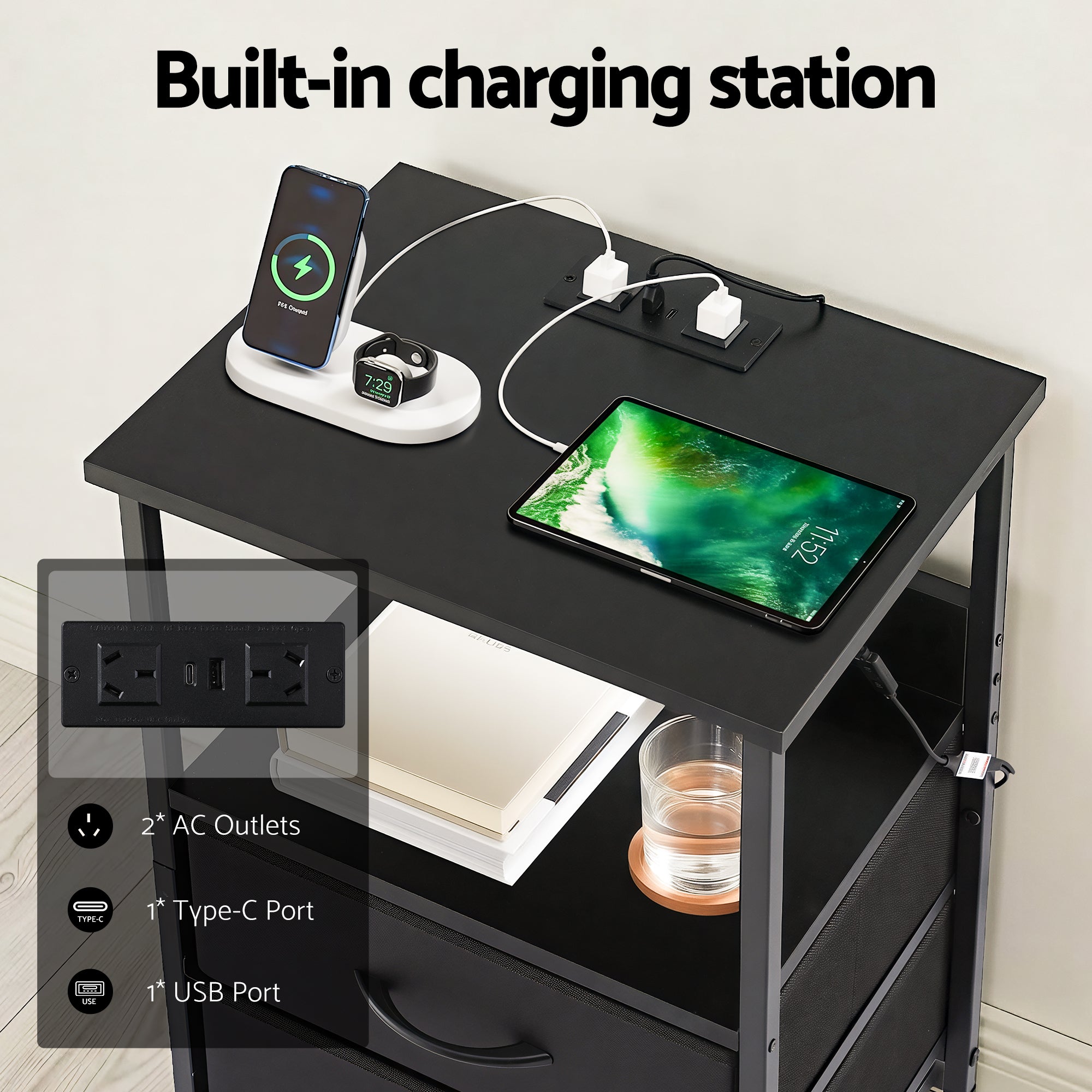 Artiss Bedside Table LED Nightstand Charging Station 2 Drawers Foldable Black