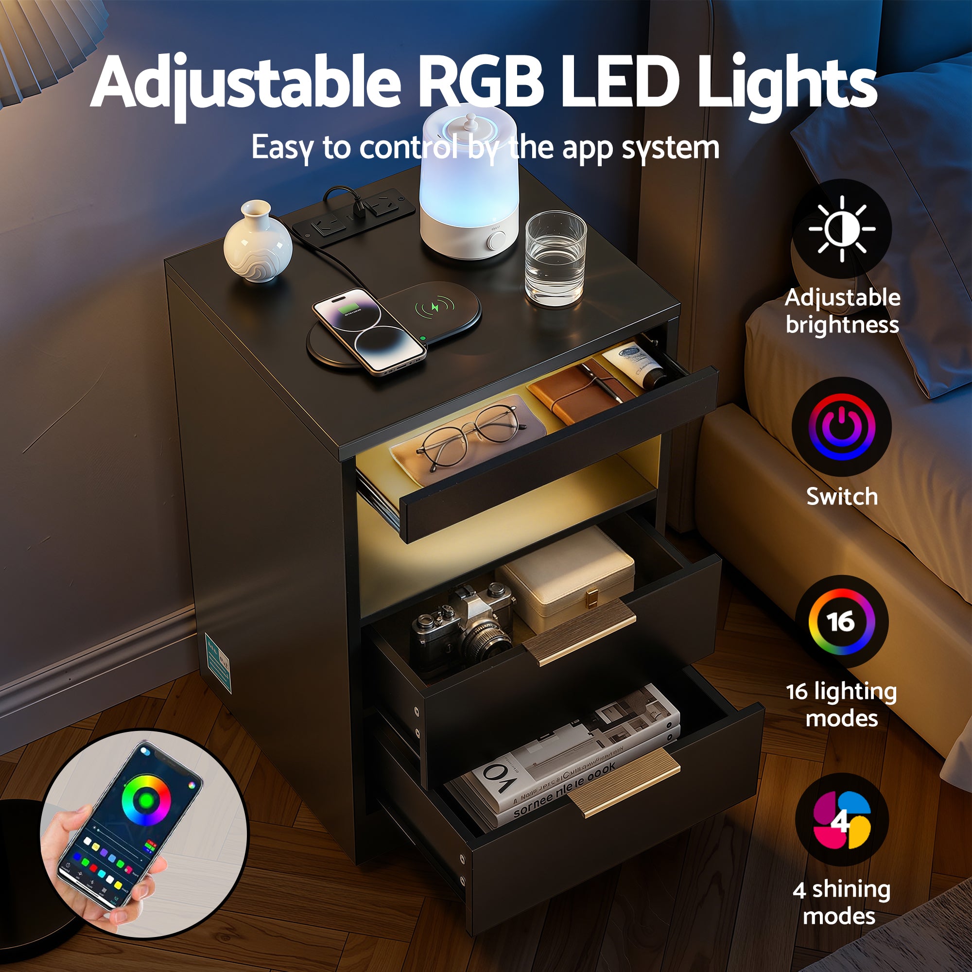 Artiss Bedside Table LED Nightstand Charging Station 2 Drawers - Black