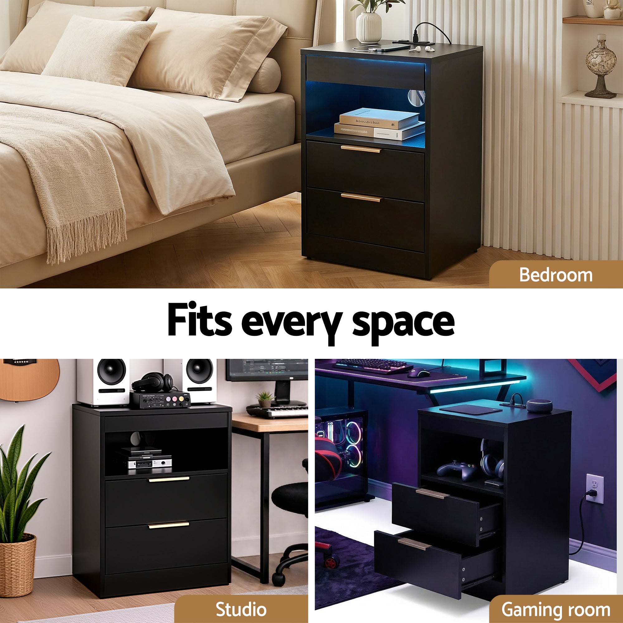 Artiss Bedside Table LED Nightstand Charging Station 2 Drawers - Black