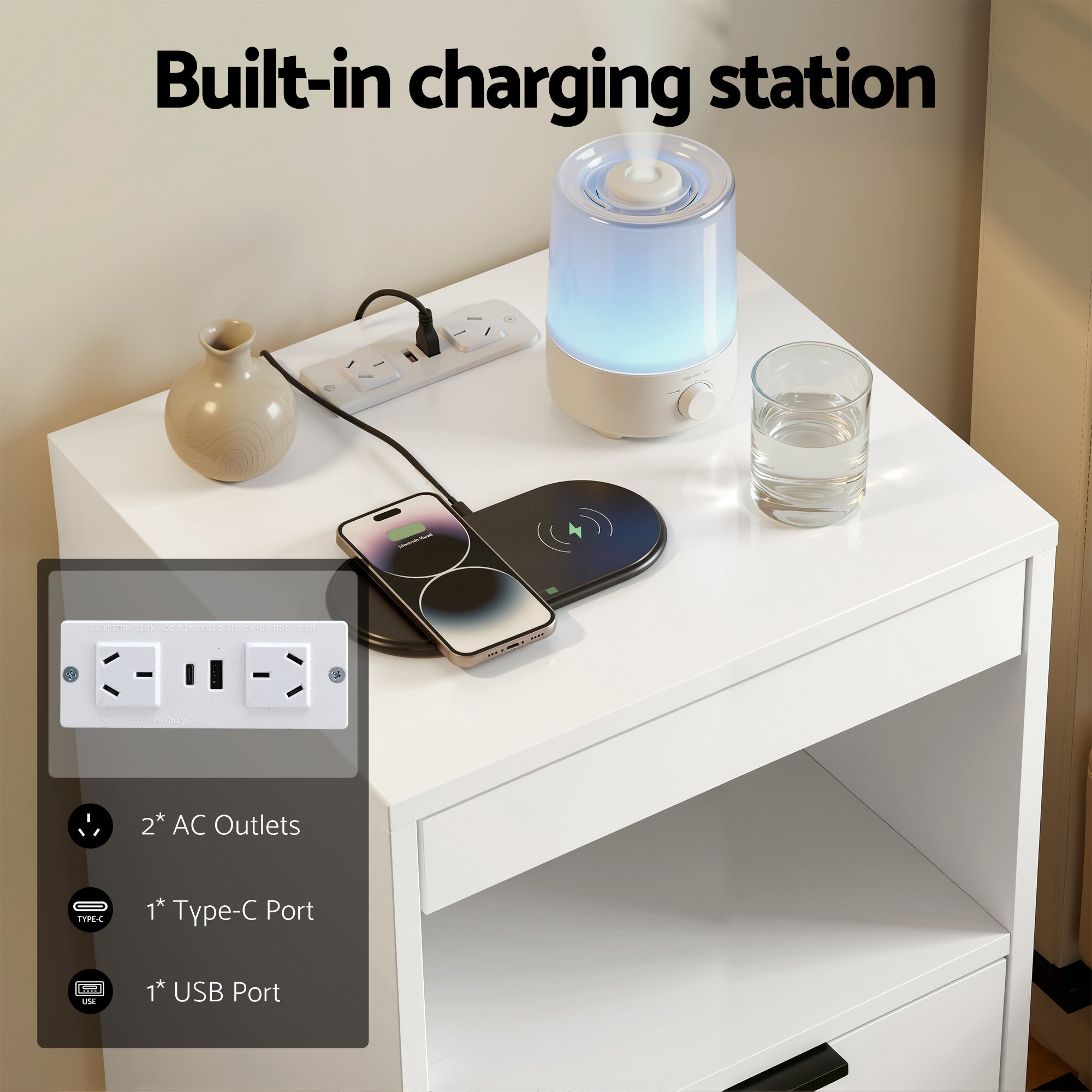 Artiss Bedside Table LED Nightstand Charging Station 2 Drawers - White