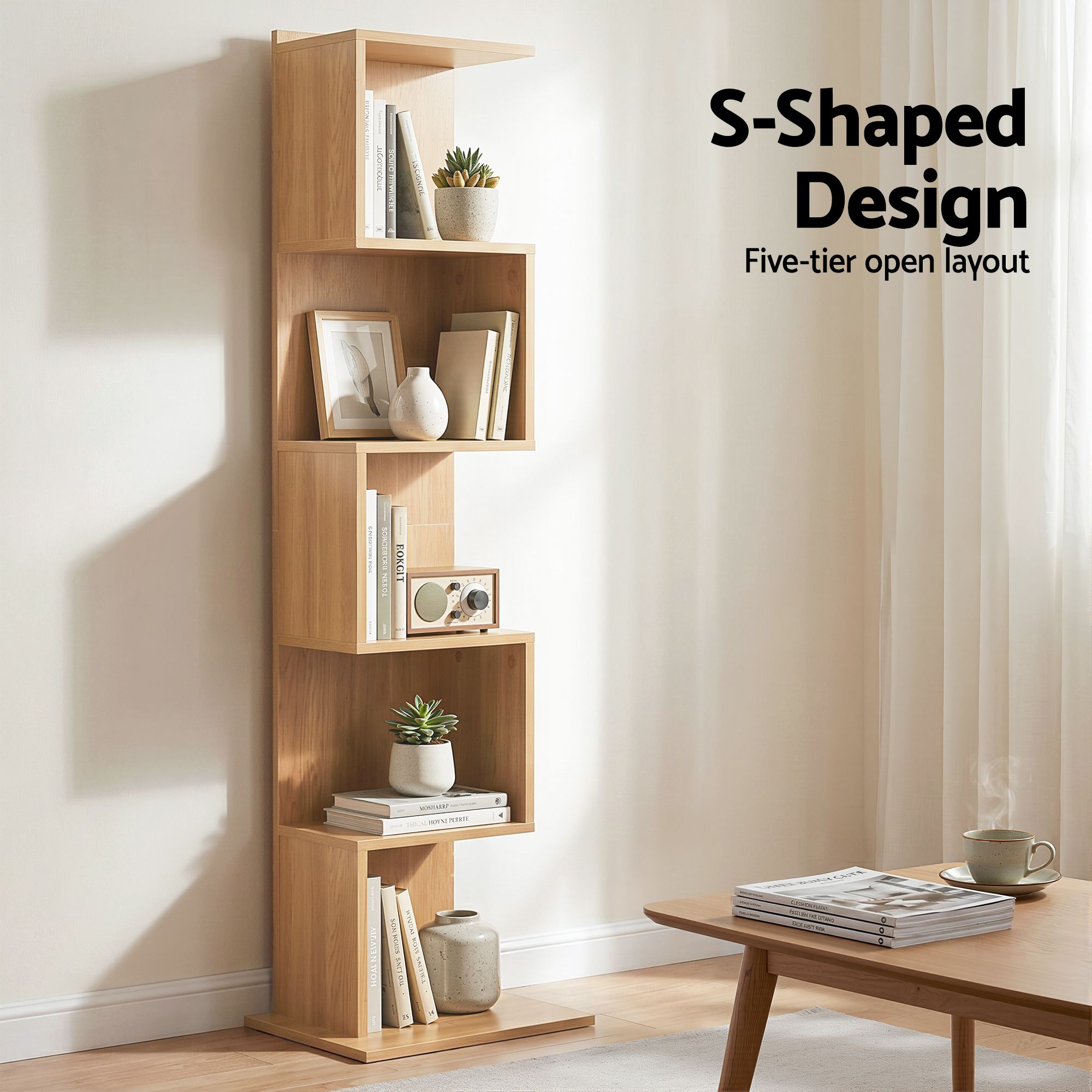 Artiss 5 Tiers Bookshelf S-shaped Bookcase Oak