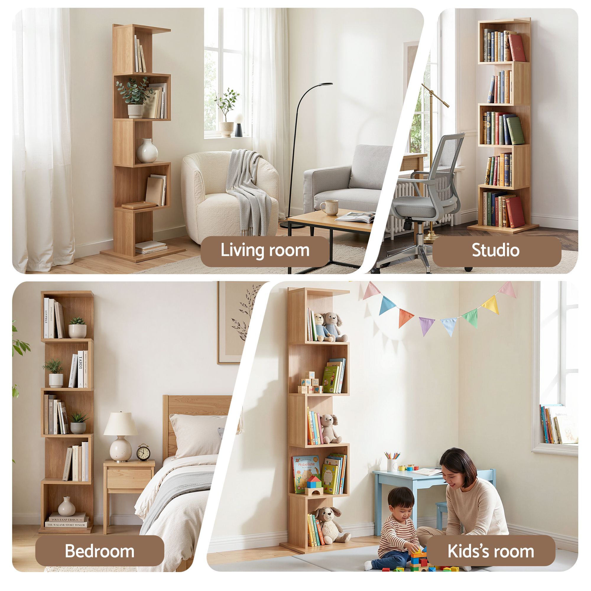 Artiss 5 Tiers Bookshelf S-shaped Bookcase Oak