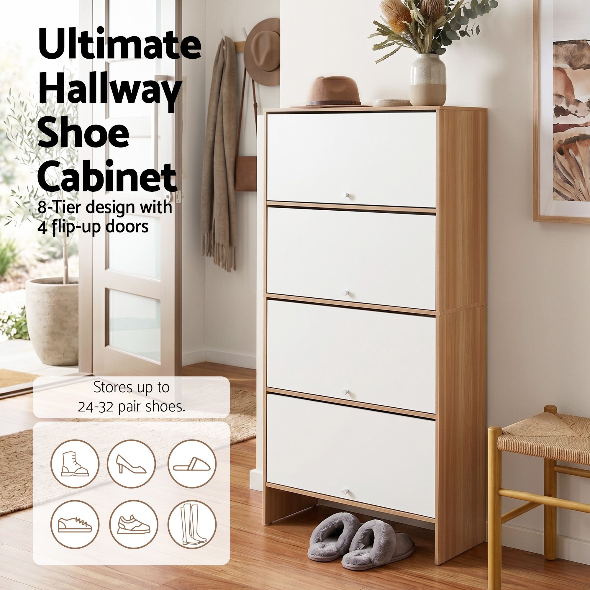 Artiss Narrow Shoe Cabinet Adjustable Shelves Flip-up Door White & Pine