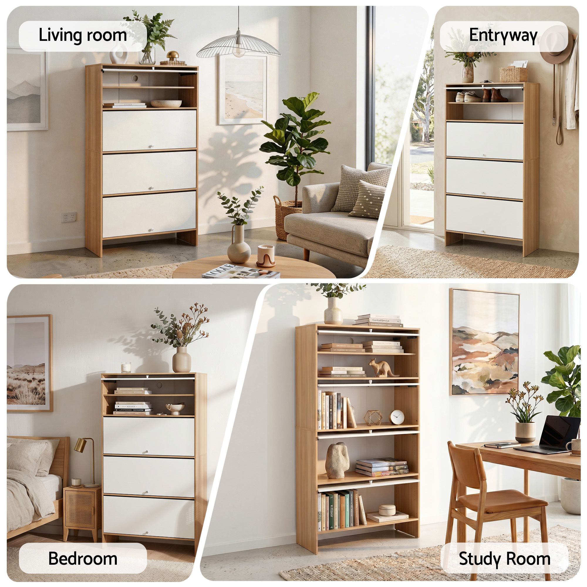 Artiss Narrow Shoe Cabinet Adjustable Shelves Flip-up Door White & Pine