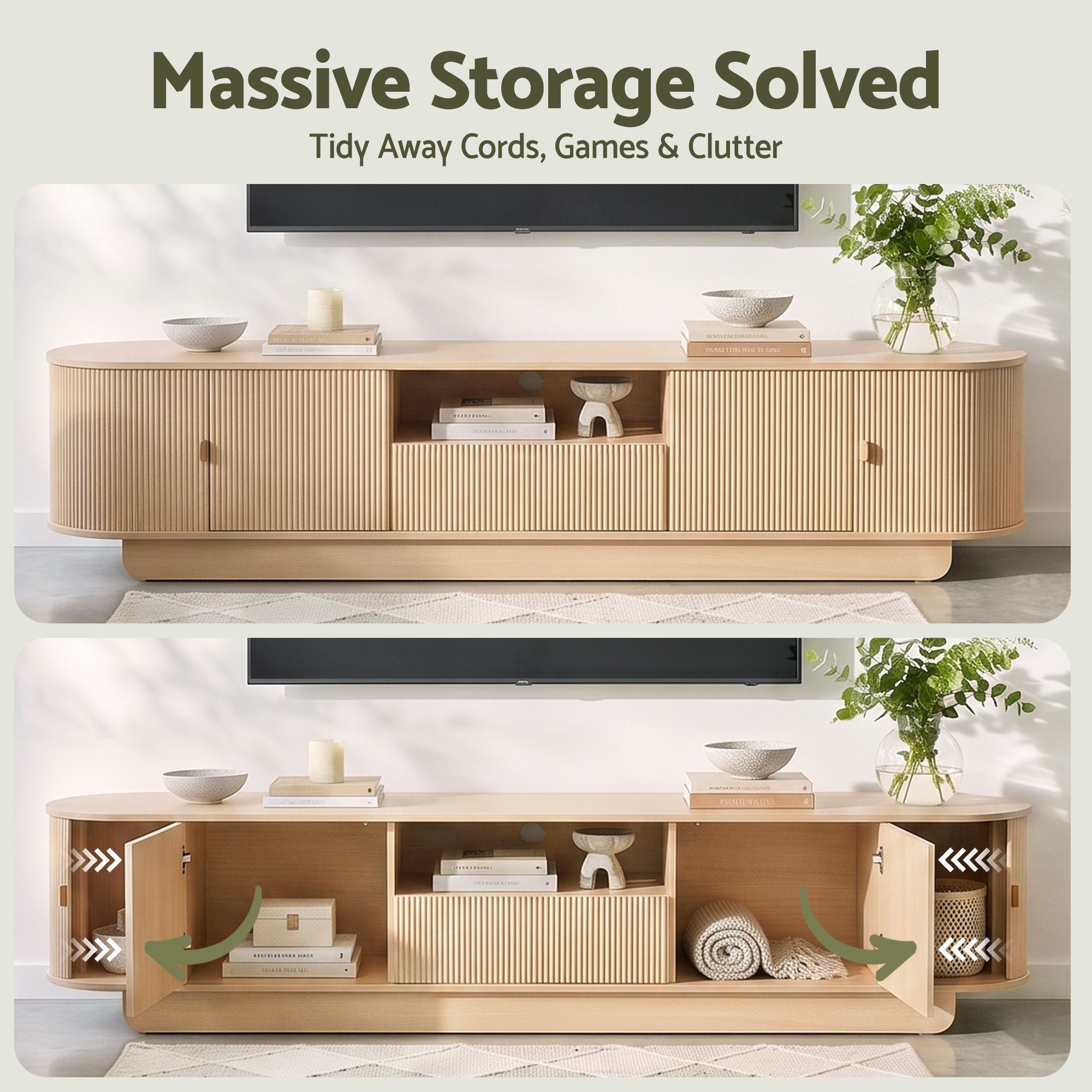 Artiss 220cm TV Unit Rounded Edge Slide Side Cabinet Door Pine