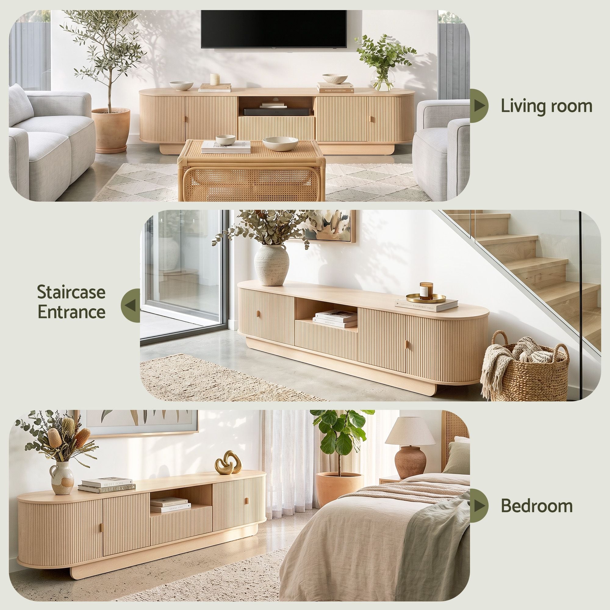 Artiss 220cm TV Unit Rounded Edge Slide Side Cabinet Door Pine