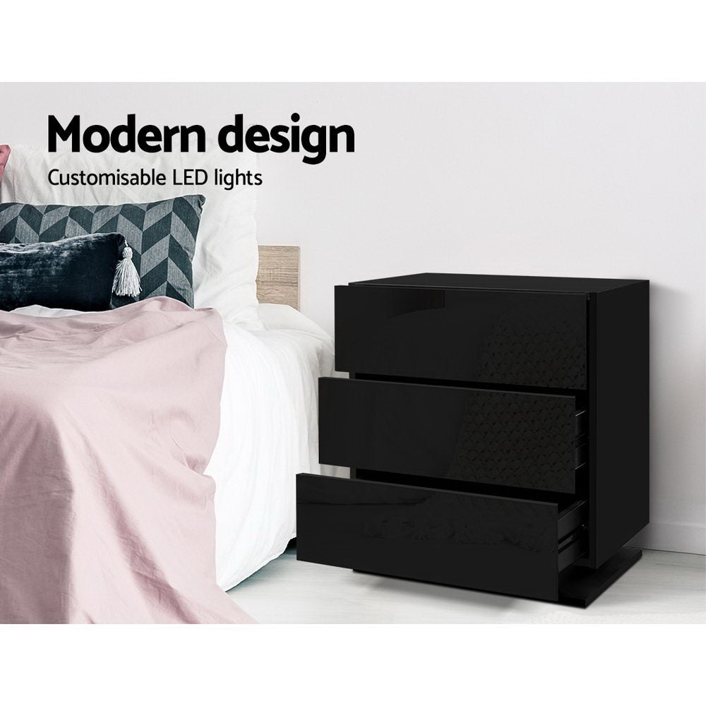 Artiss Set of 2 Bedside Table LED 3 Drawers - MORI Black