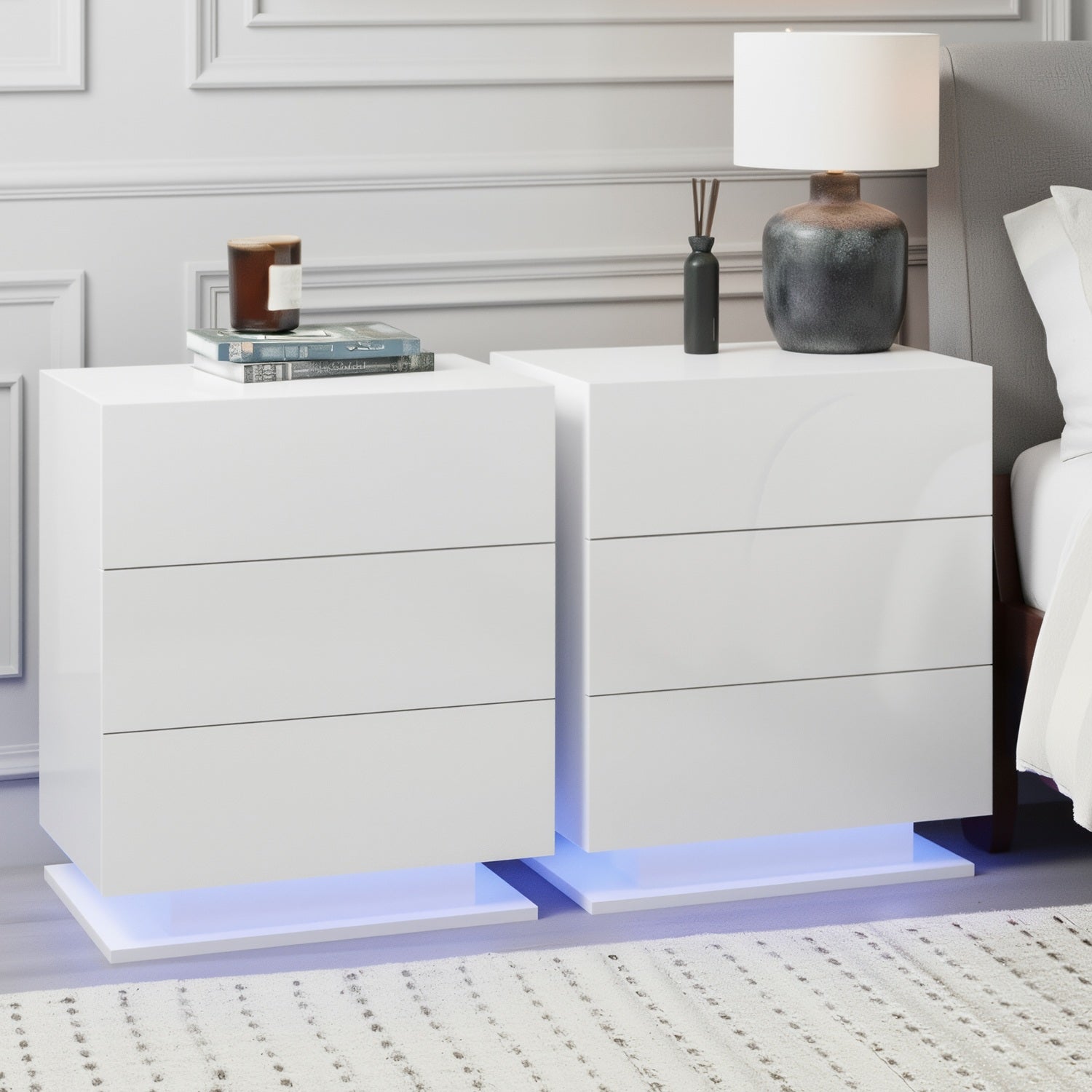 Artiss 2x Bedside Table LED 3 Drawers - MORI White
