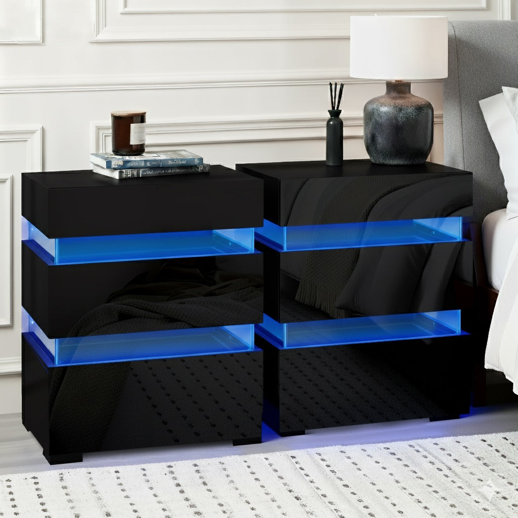 Artiss Set of 2 Bedside Table LED 3 Drawers - LUMI Black