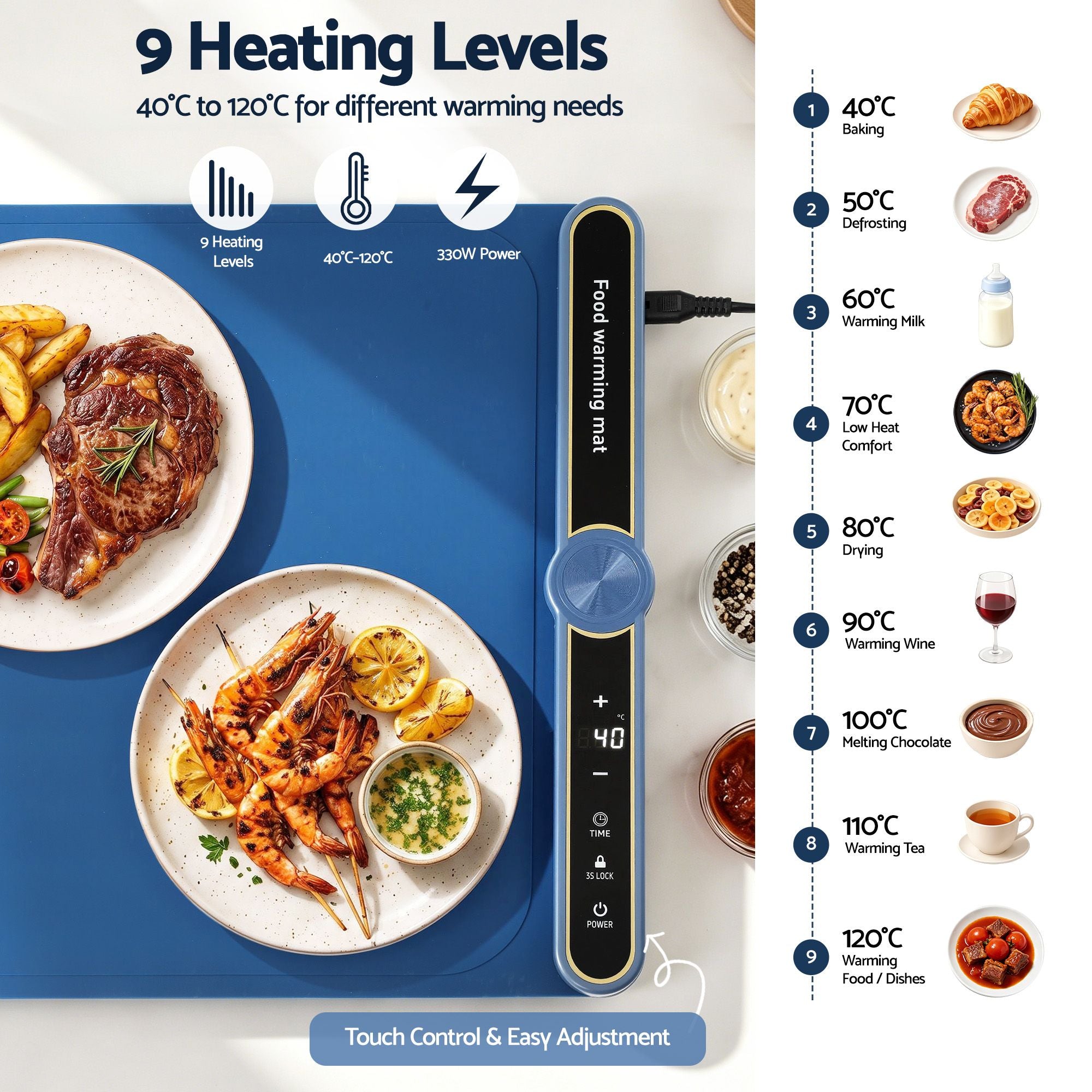 Devanti Food Warming Mat 80cm Electric Food Warmer Roll Up Buffet Tray Blue