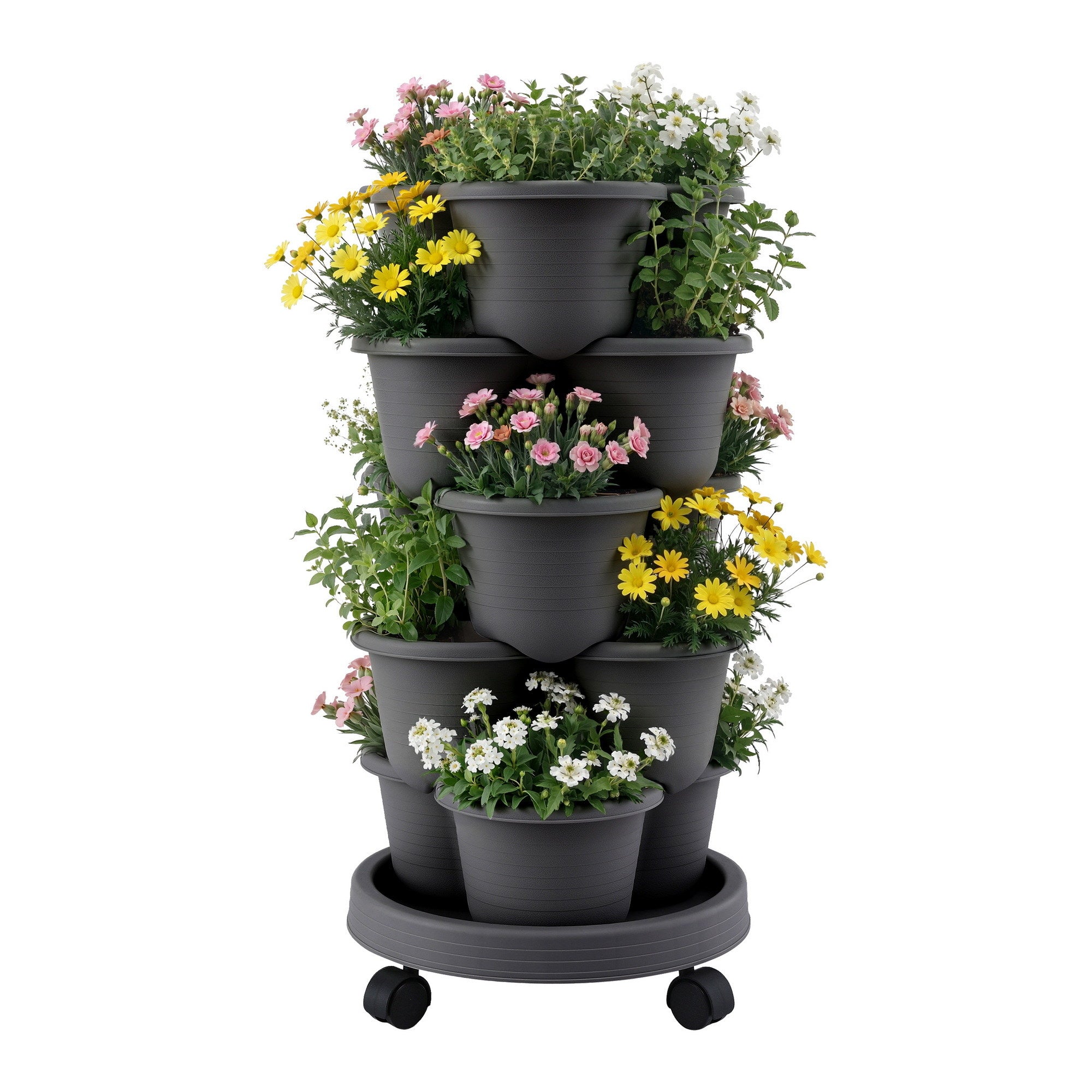 Green Fingers 5 Tier Vertical Garden Planter, Stackable Planters with 4 Wheels, Black, Raised Garden Bed, Garden Tower Indoor Outdoor, Auto Drainage S