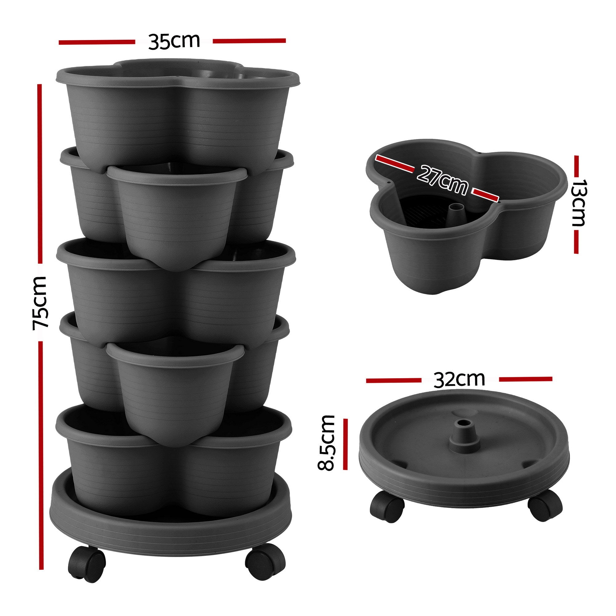 Green Fingers 5 Tier Vertical Garden Planter, Stackable Planters with 4 Wheels, Black, Raised Garden Bed, Garden Tower Indoor Outdoor, Auto Drainage S