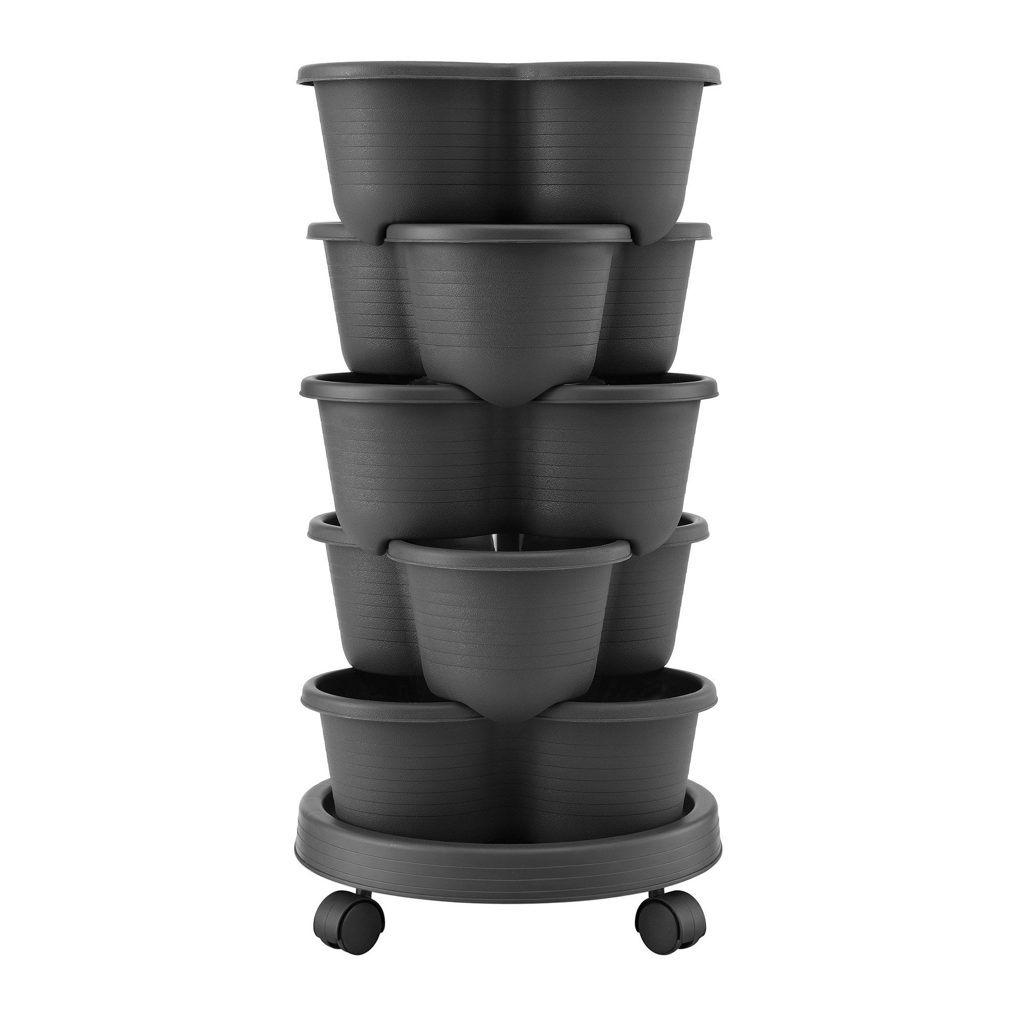 Green Fingers 5 Tier Vertical Garden Planter, Stackable Planters with 4 Wheels, Black, Raised Garden Bed, Garden Tower Indoor Outdoor, Auto Drainage S
