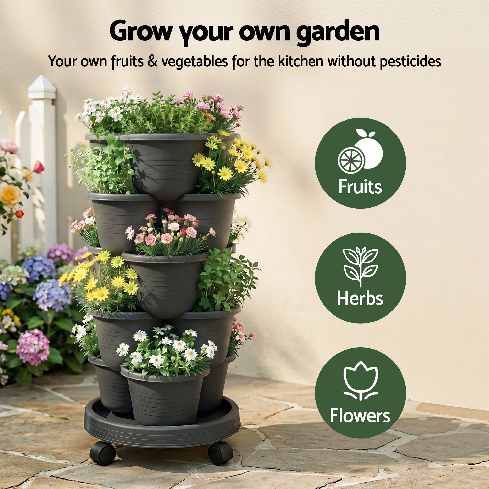 Green Fingers 5 Tier Vertical Garden Planter, Stackable Planters with 4 Wheels, Black, Raised Garden Bed, Garden Tower Indoor Outdoor, Auto Drainage S