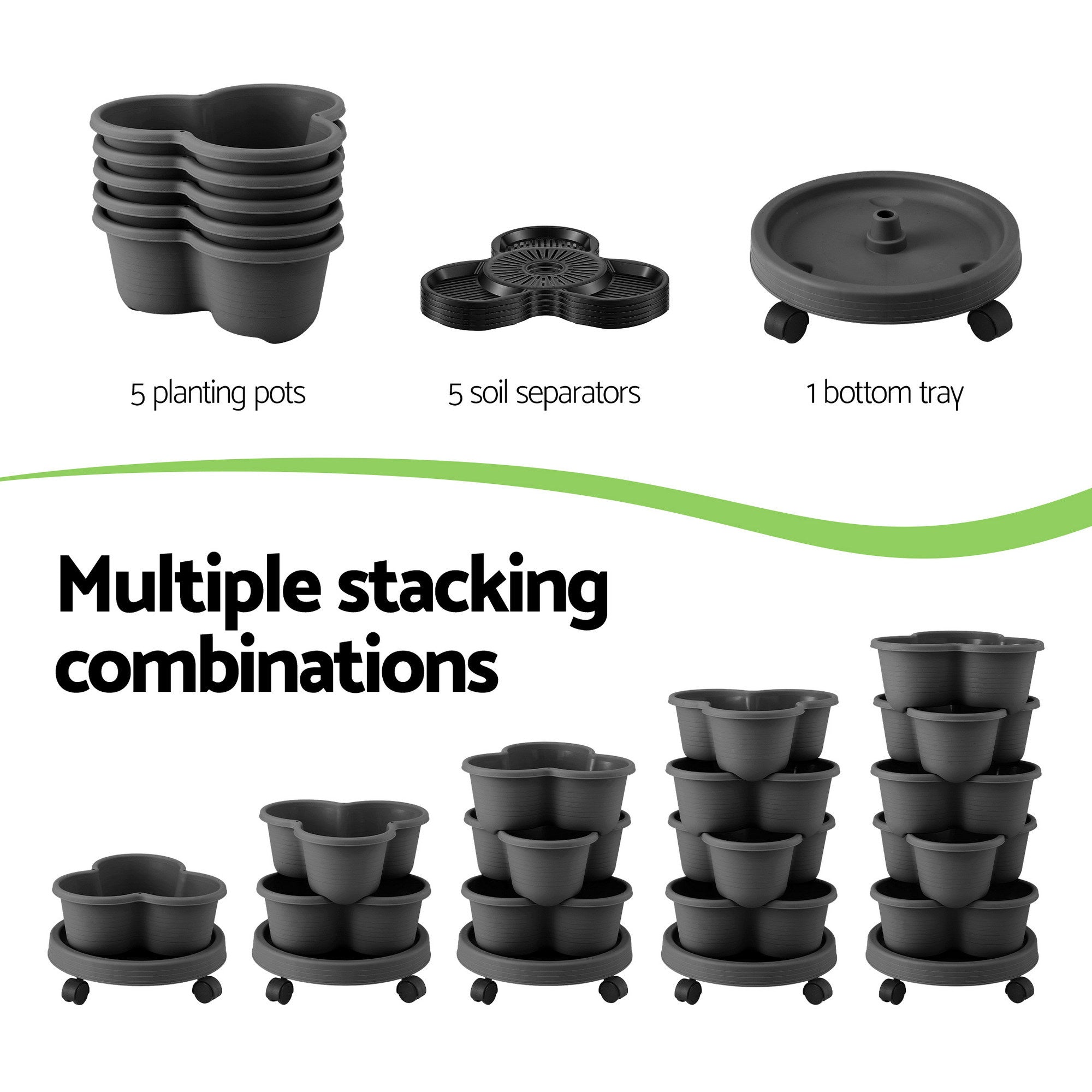 Green Fingers 5 Tier Vertical Garden Planter, Stackable Planters with 4 Wheels, Black, Raised Garden Bed, Garden Tower Indoor Outdoor, Auto Drainage S