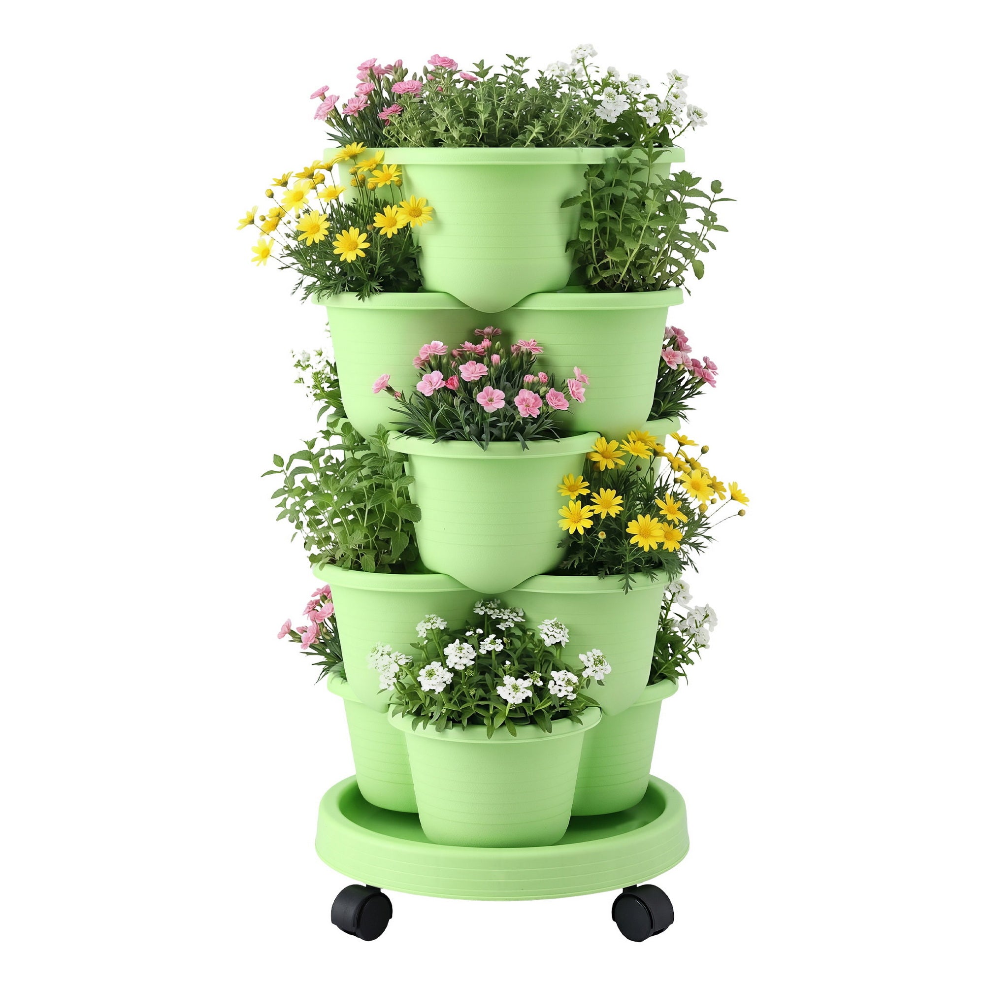 Green Fingers 5 Tier Vertical Garden Planter, Stackable Planters with Wheels, Light Green, Garden Bed, Garden Tower Indoor Outdoor, Auto Drainage Syst