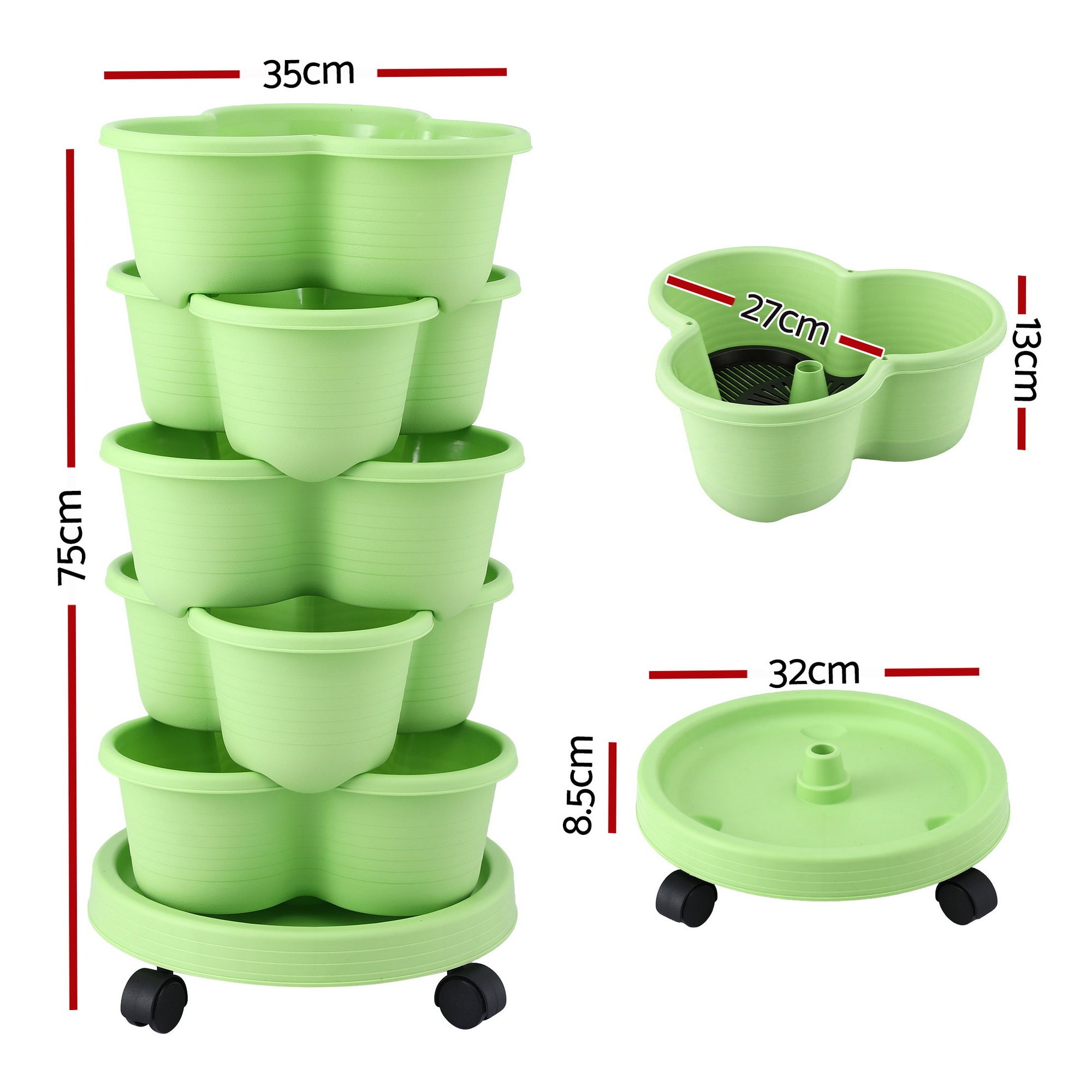 Green Fingers 5 Tier Vertical Garden Planter, Stackable Planters with Wheels, Light Green, Garden Bed, Garden Tower Indoor Outdoor, Auto Drainage Syst