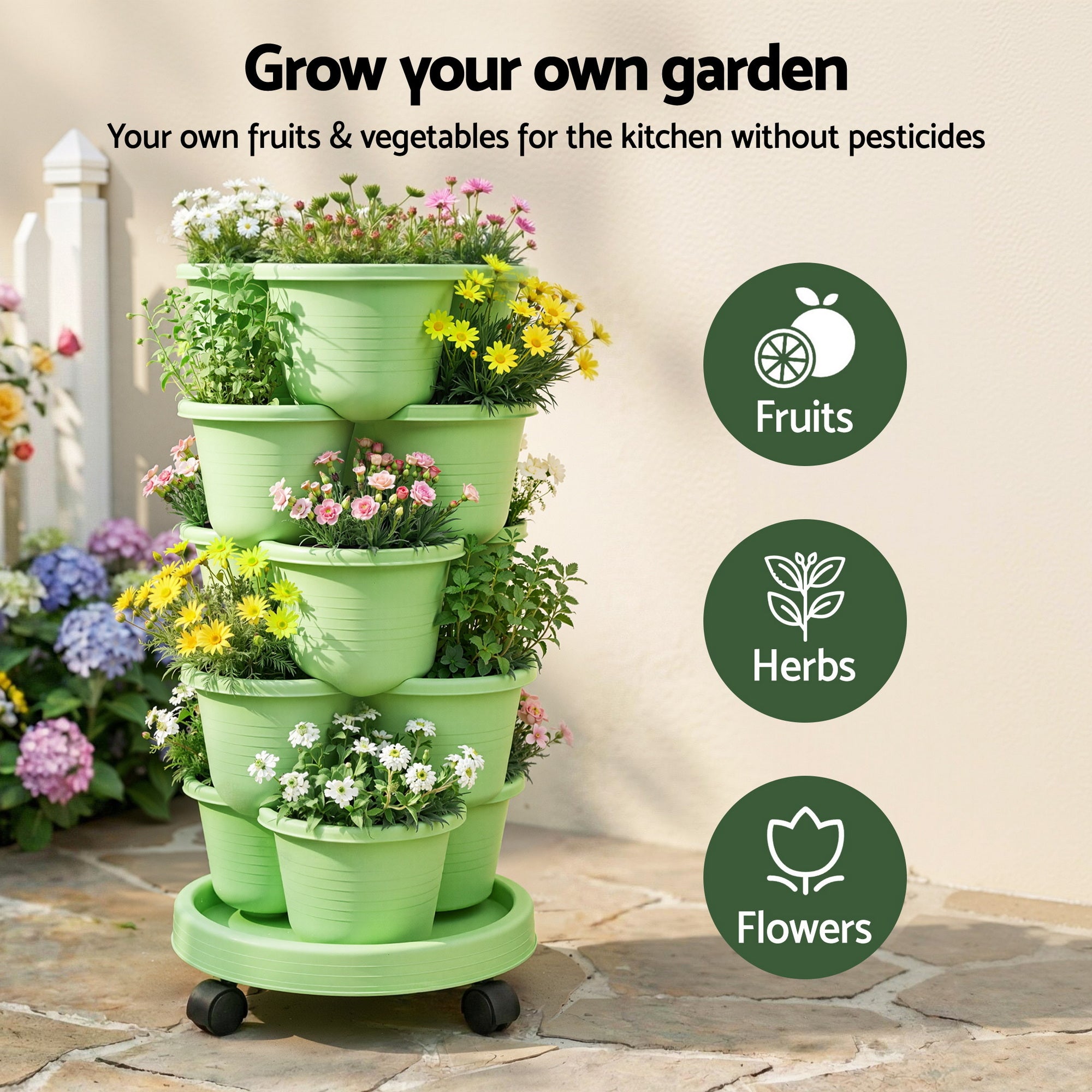 Green Fingers 5 Tier Vertical Garden Planter, Stackable Planters with Wheels, Light Green, Garden Bed, Garden Tower Indoor Outdoor, Auto Drainage Syst