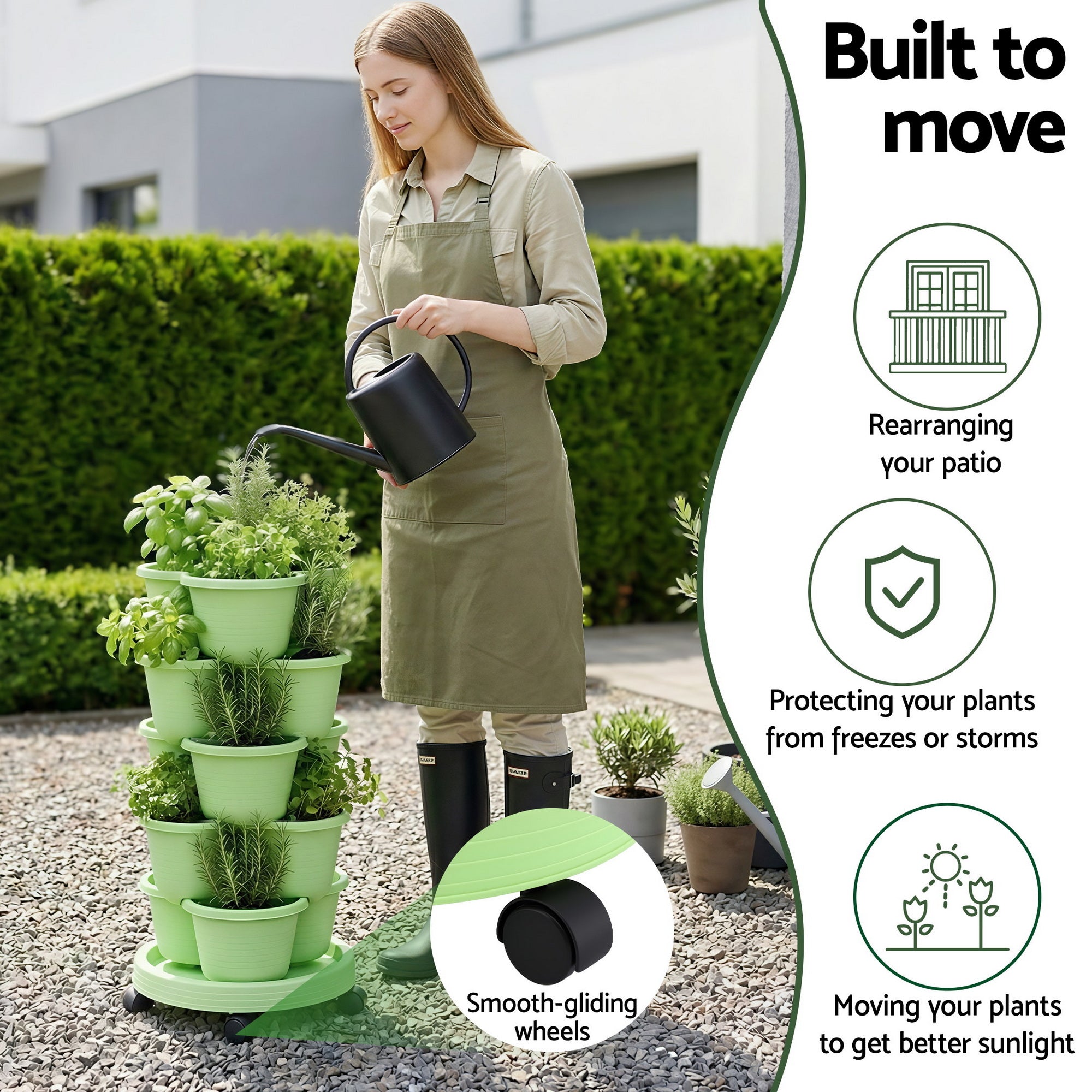 Green Fingers 5 Tier Vertical Garden Planter, Stackable Planters with Wheels, Light Green, Garden Bed, Garden Tower Indoor Outdoor, Auto Drainage Syst