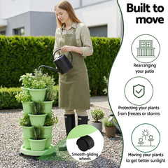 Green Fingers 5 Tier Vertical Garden Planter, Stackable Planters with Wheels, Light Green, Garden Bed, Garden Tower Indoor Outdoor, Auto Drainage Syst