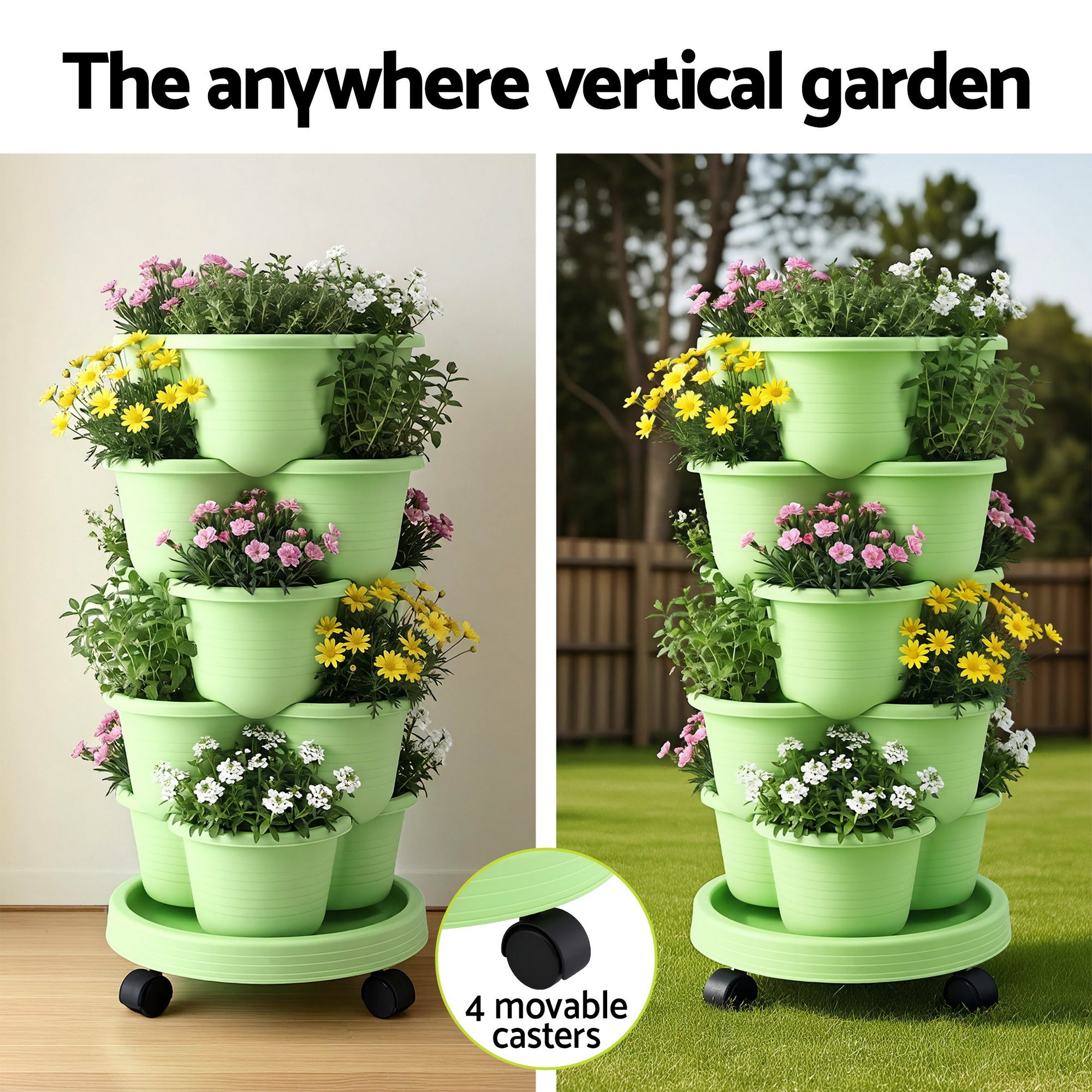 Green Fingers 5 Tier Vertical Garden Planter, Stackable Planters with Wheels, Light Green, Garden Bed, Garden Tower Indoor Outdoor, Auto Drainage Syst