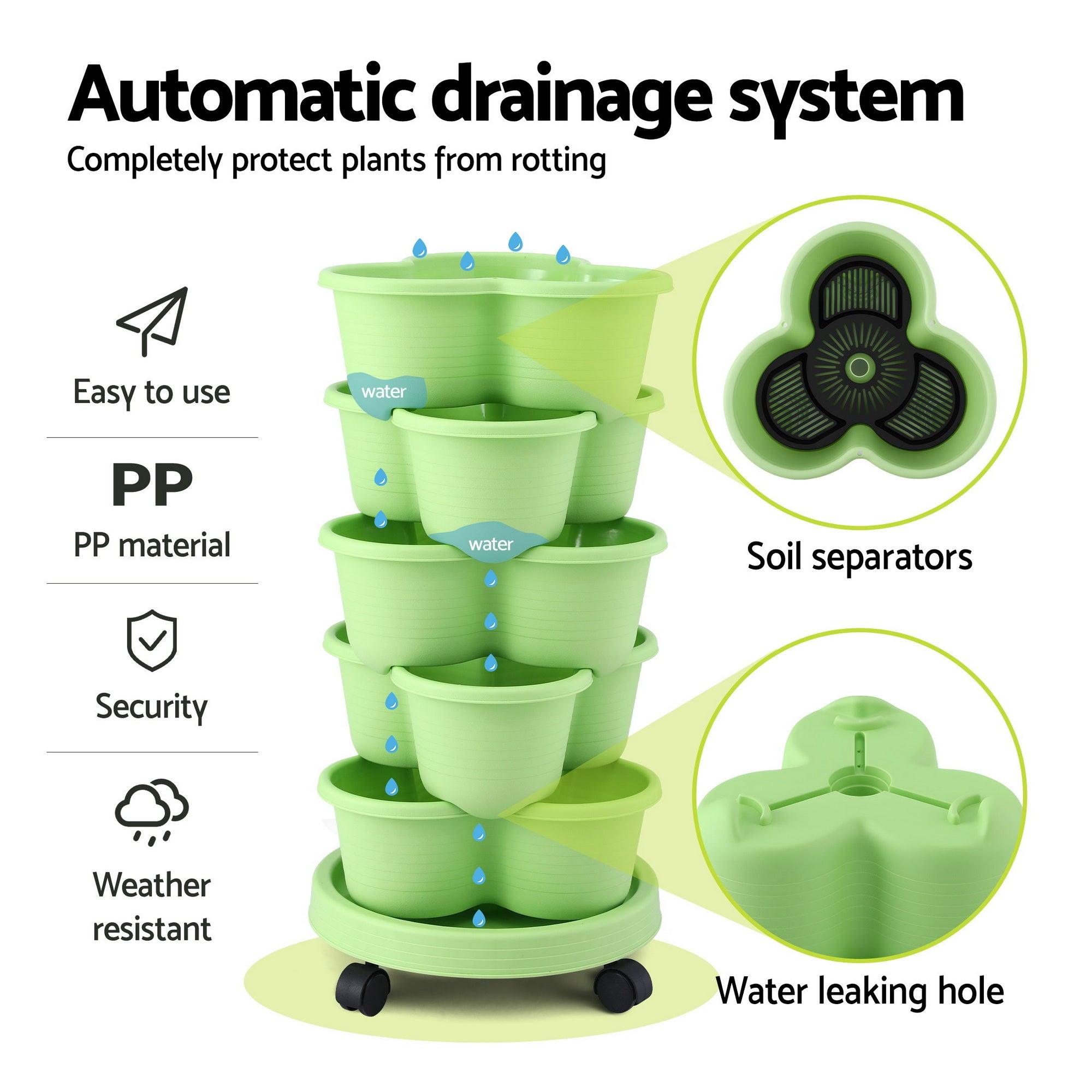 Green Fingers 5 Tier Vertical Garden Planter, Stackable Planters with Wheels, Light Green, Garden Bed, Garden Tower Indoor Outdoor, Auto Drainage Syst