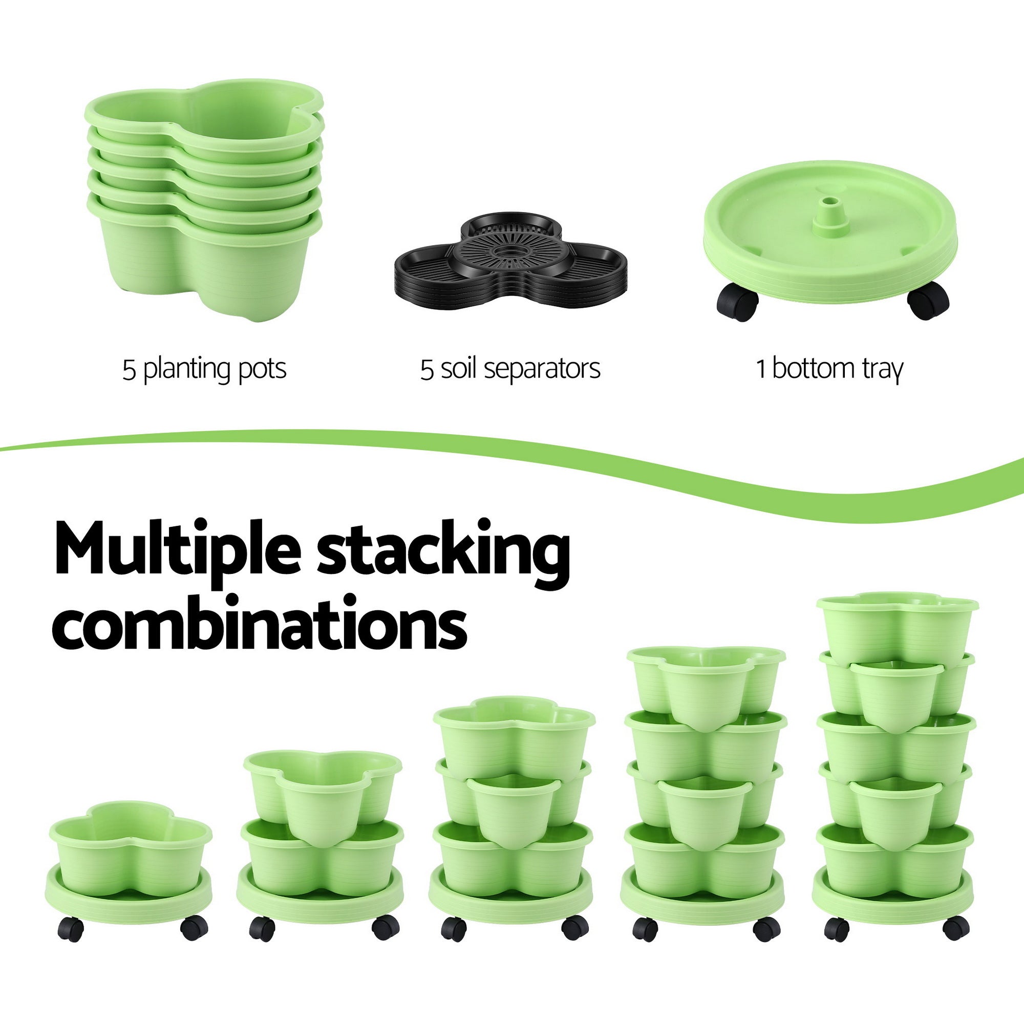 Green Fingers 5 Tier Vertical Garden Planter, Stackable Planters with Wheels, Light Green, Garden Bed, Garden Tower Indoor Outdoor, Auto Drainage Syst