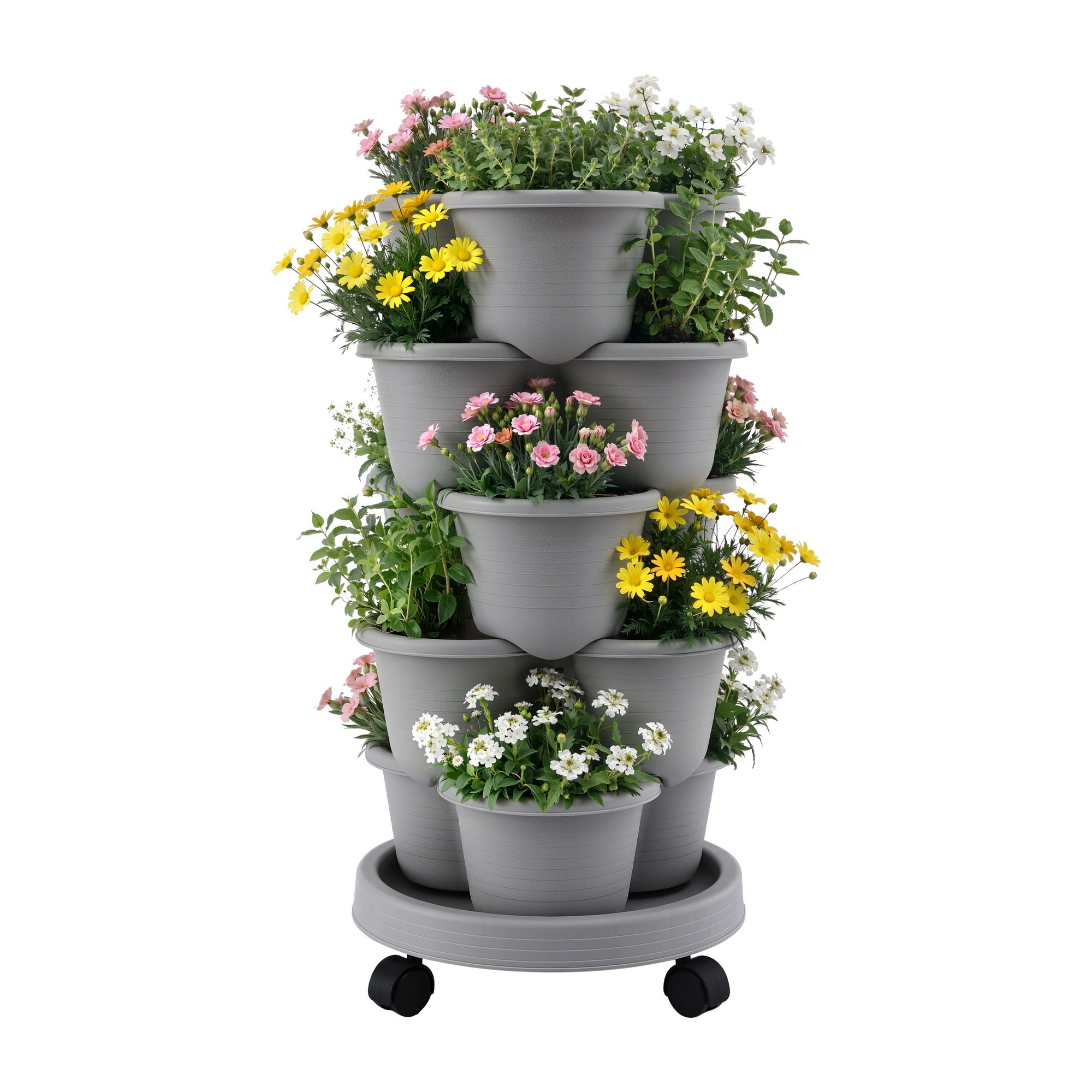 Green Fingers 5 Tier Vertical Garden Planter, Stackable Planters with 4 Wheels, Grey, Raised Garden Bed, Garden Tower Indoor Outdoor, Auto Drainage Sy