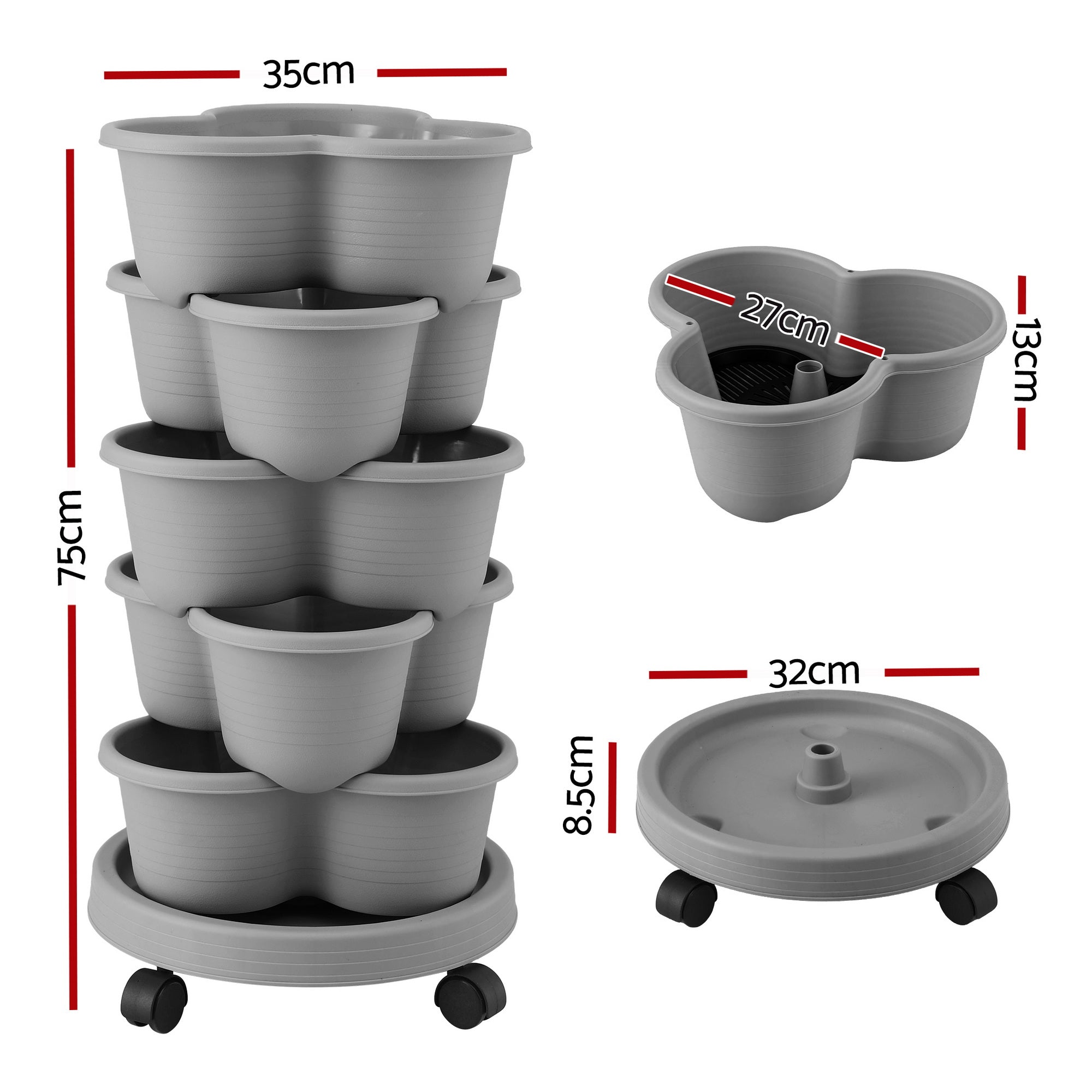 Green Fingers 5 Tier Vertical Garden Planter, Stackable Planters with 4 Wheels, Grey, Raised Garden Bed, Garden Tower Indoor Outdoor, Auto Drainage Sy
