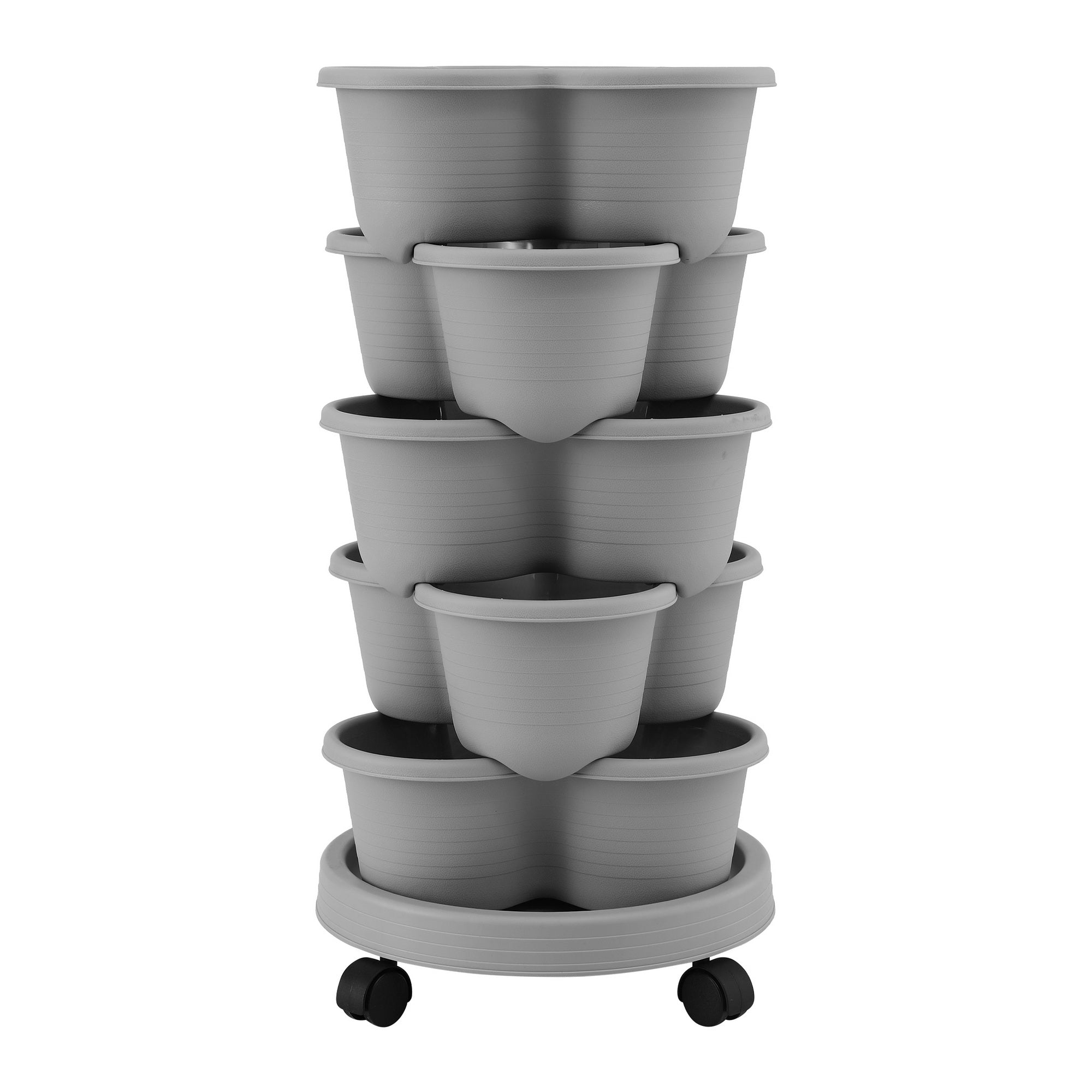 Green Fingers 5 Tier Vertical Garden Planter, Stackable Planters with 4 Wheels, Grey, Raised Garden Bed, Garden Tower Indoor Outdoor, Auto Drainage Sy
