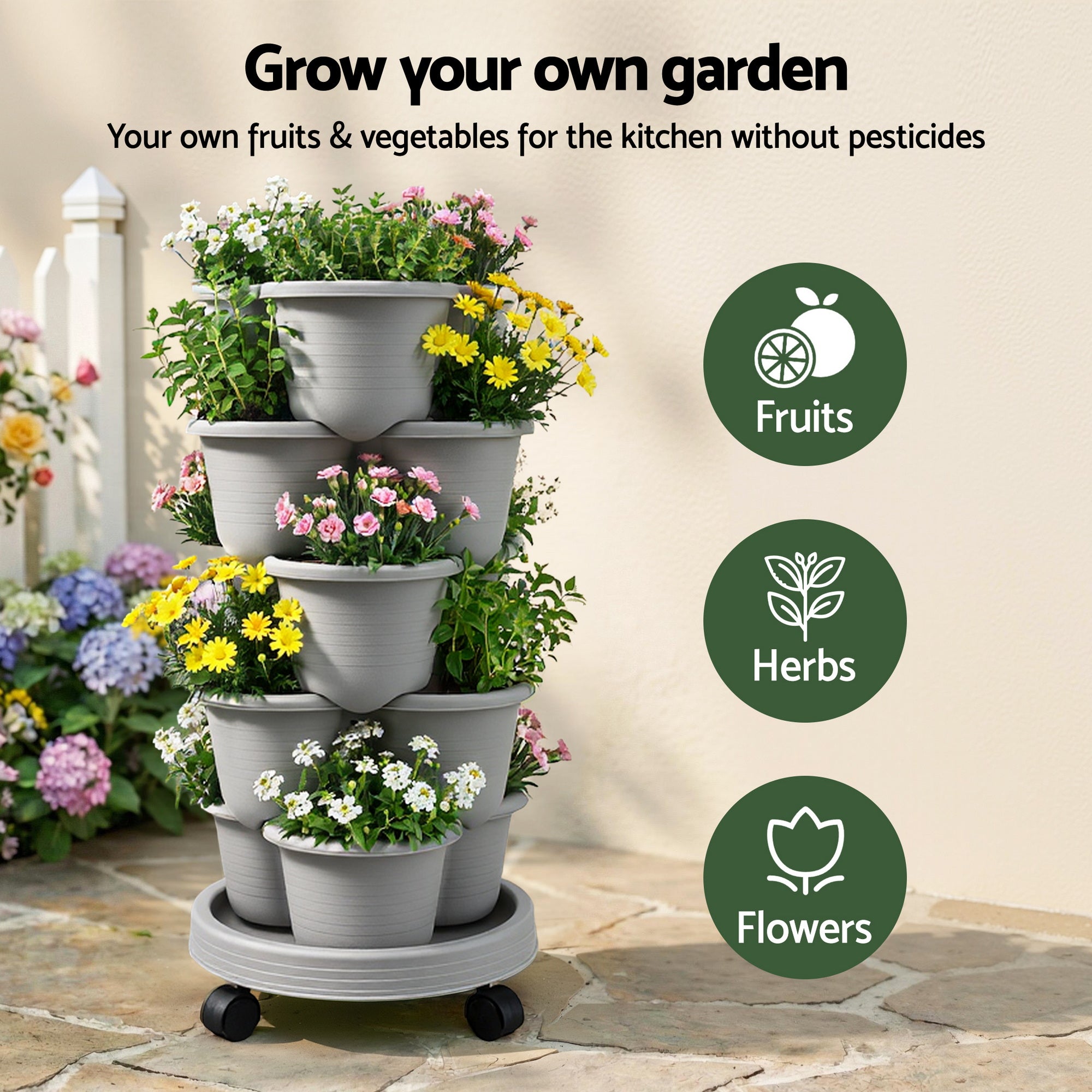 Green Fingers 5 Tier Vertical Garden Planter, Stackable Planters with 4 Wheels, Grey, Raised Garden Bed, Garden Tower Indoor Outdoor, Auto Drainage Sy