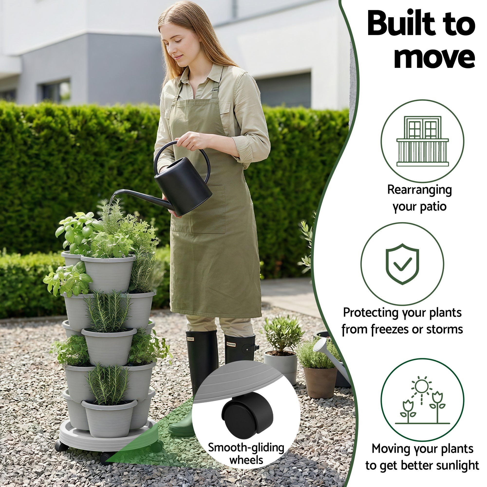 Green Fingers 5 Tier Vertical Garden Planter, Stackable Planters with 4 Wheels, Grey, Raised Garden Bed, Garden Tower Indoor Outdoor, Auto Drainage Sy